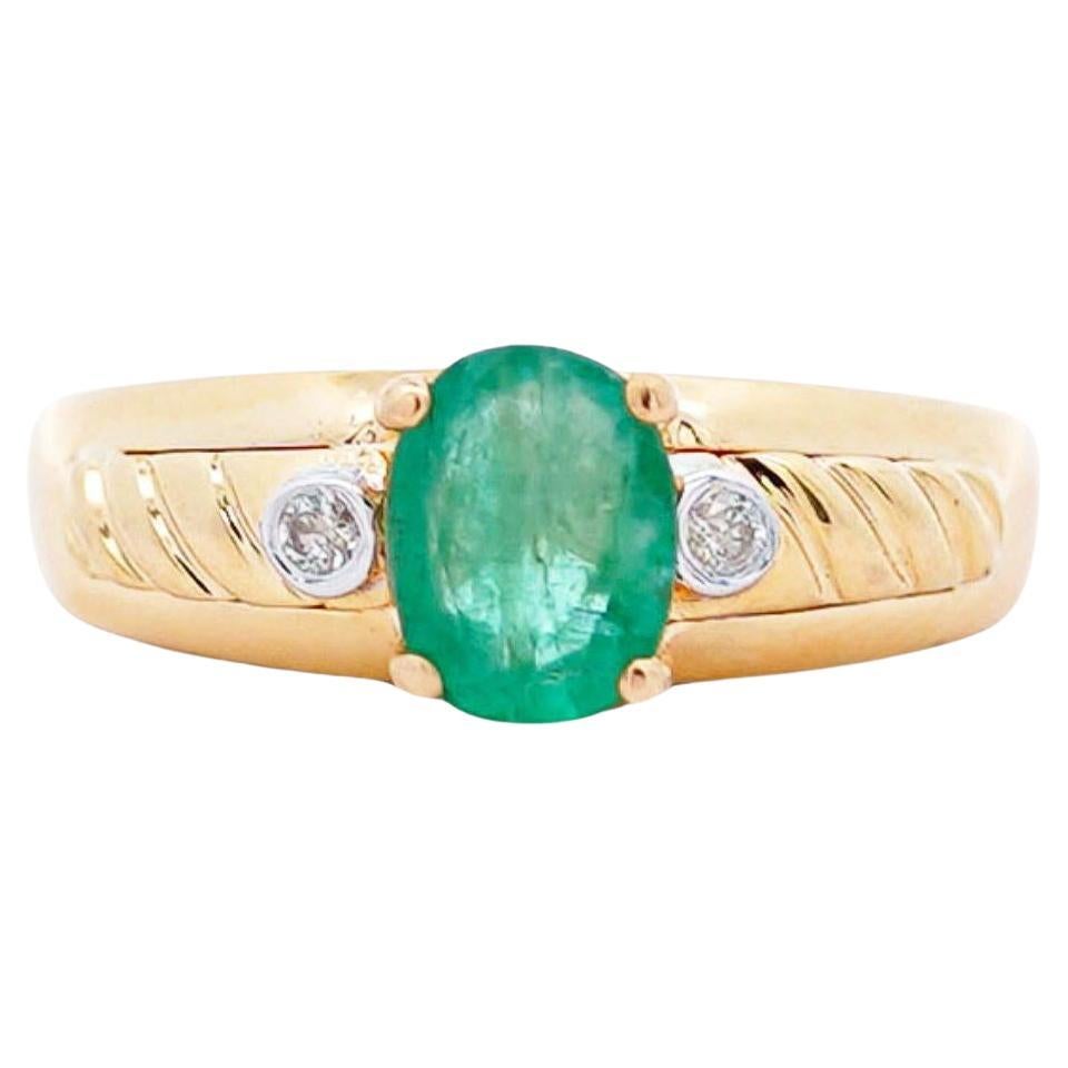 1.19 Carat Oval Cut Emerald & Diamond 14K Gold Statement Ring For Sale
