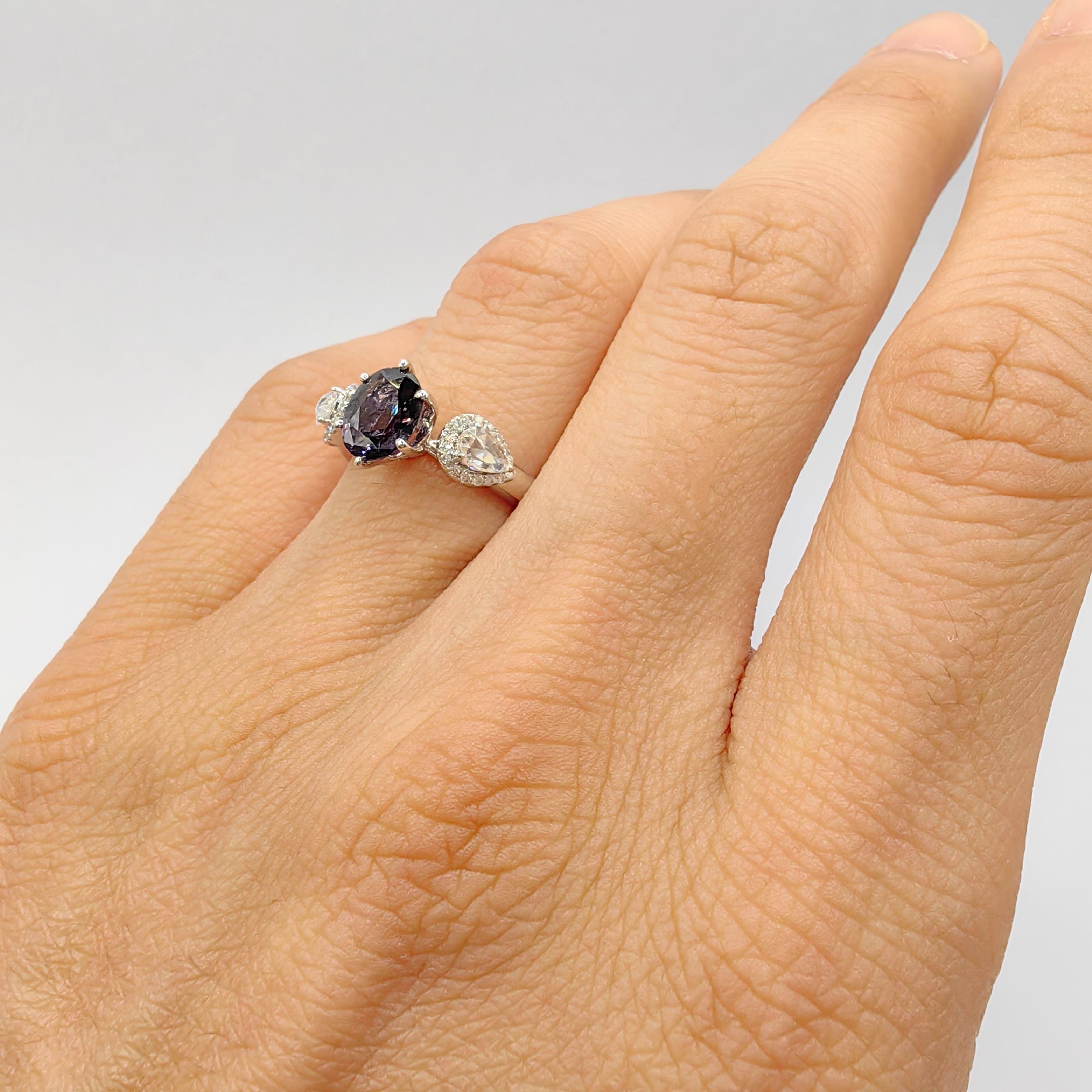 1.19 Carat Oval Cut Purple Spinel Rose Cut Halo Diamond Ring in 18K White Gold For Sale 5
