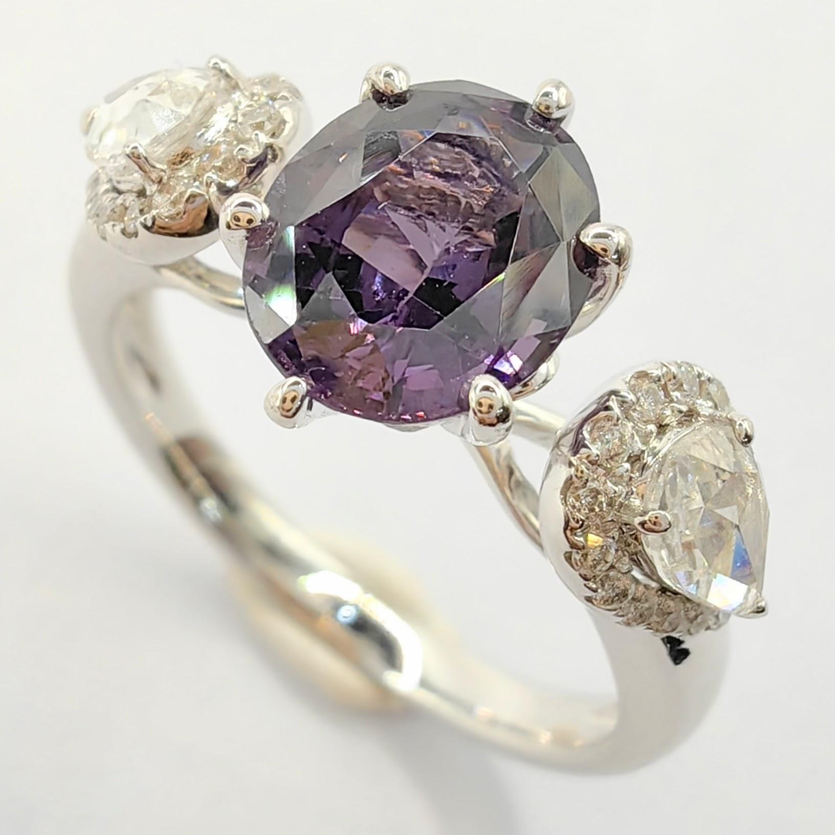 Contemporary 1.19 Carat Oval Cut Purple Spinel Rose Cut Halo Diamond Ring in 18K White Gold For Sale