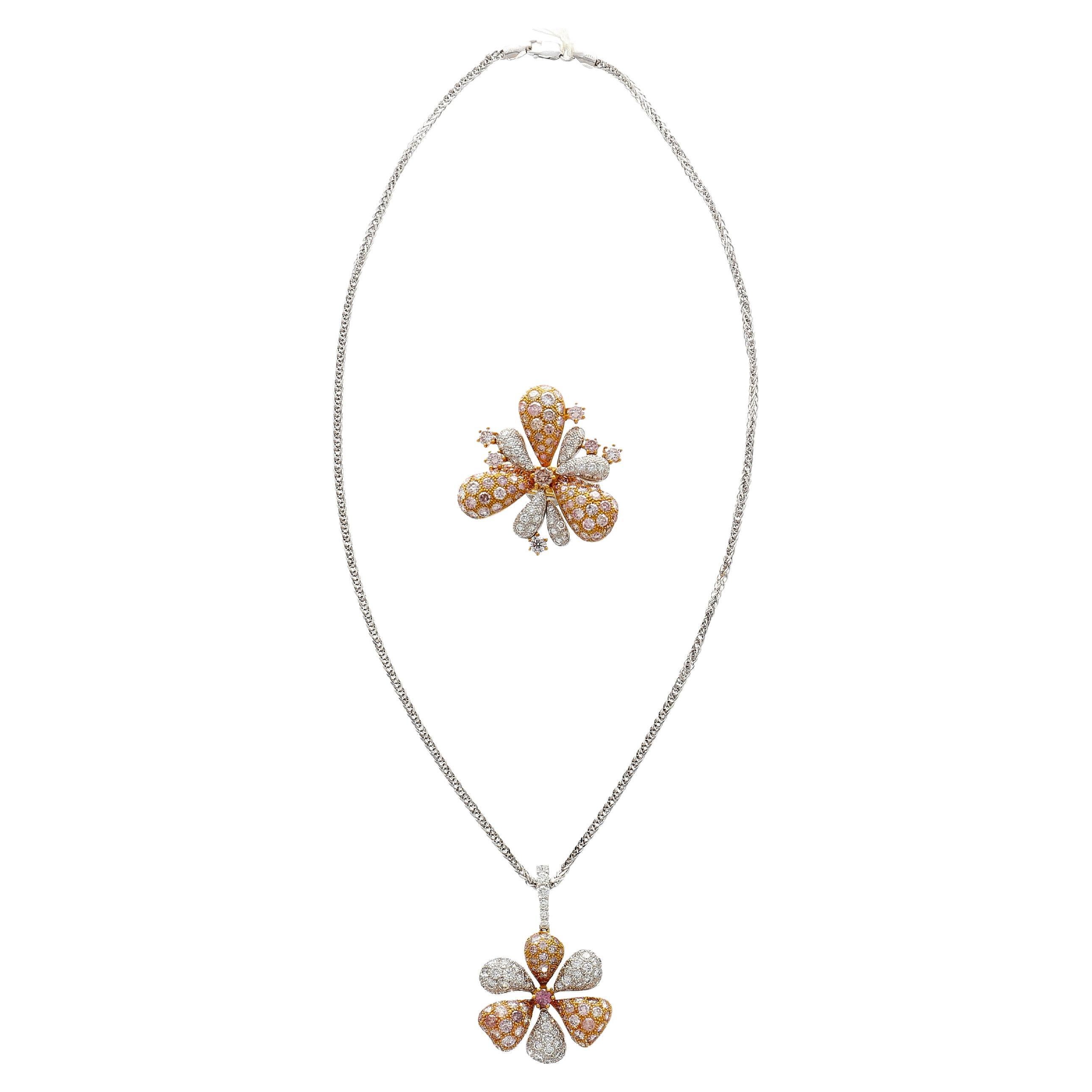 11.9 Carat Pink & White Diamond Pendant Necklace & Ring Flower Motif Jewelry Set