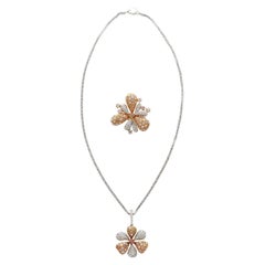 11.9 Carat Pink & White Diamond Pendant Necklace & Ring Flower Motif Jewelry Set