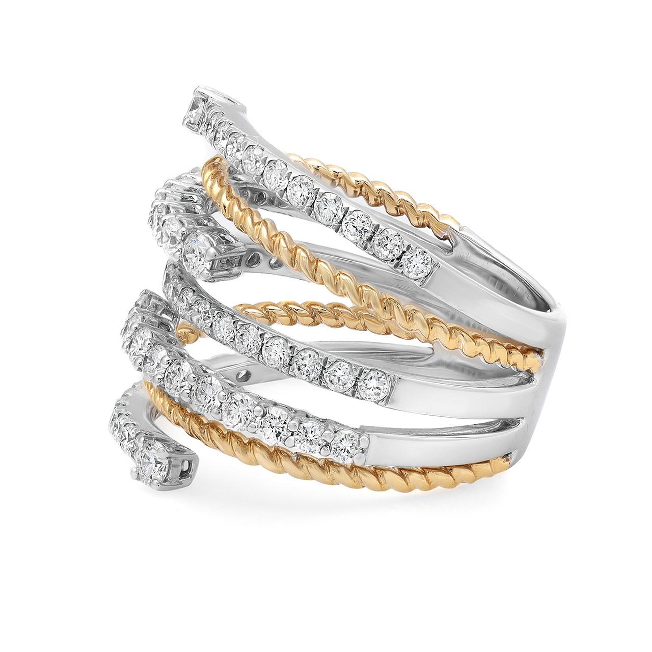 Make a bold and fabulous statement with our stunning 1.20 Carat Round Cut Diamond Cocktail Ring in 18K gold. This ring is designed to impress, featuring multiple rows of diamonds in a wide openwork design. It's crafted with precision in