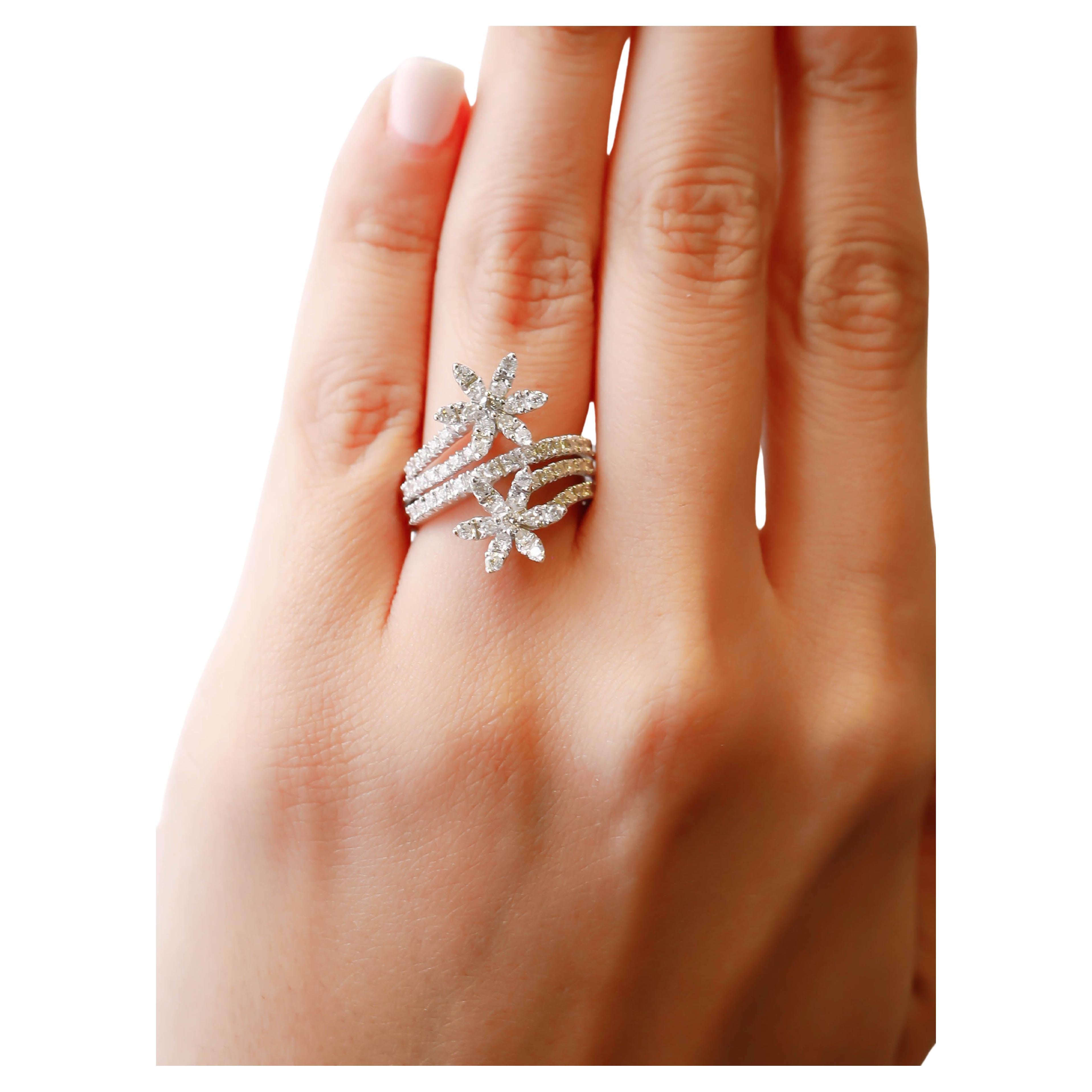 1,19 Karat Rundschliff Diamant Pave Blume 14k Weißgold feiner Wickelring im Angebot