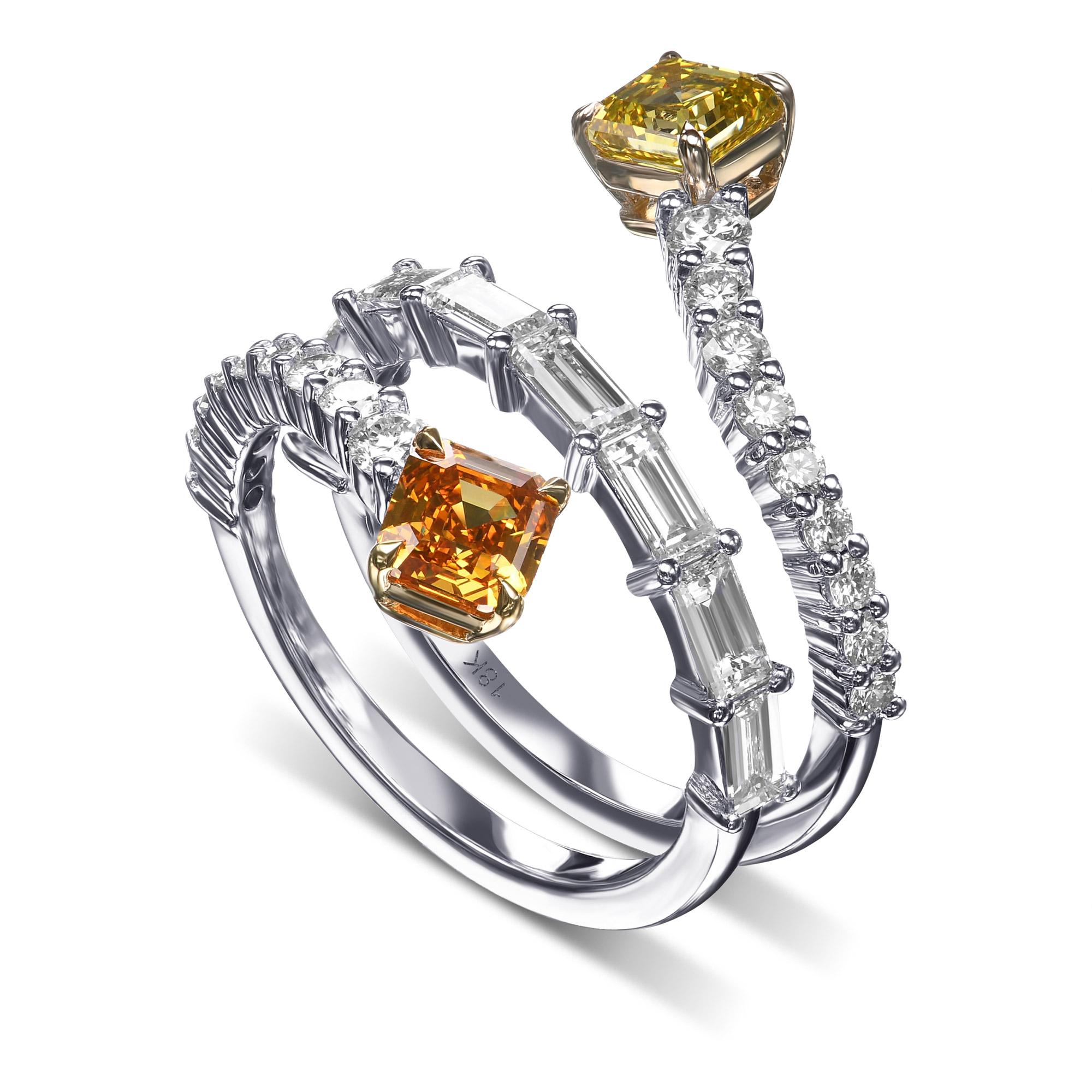 Moderne 1.19 cts Bague diamant croisé certifié GIA de couleur mixte à deux pierres en vente
