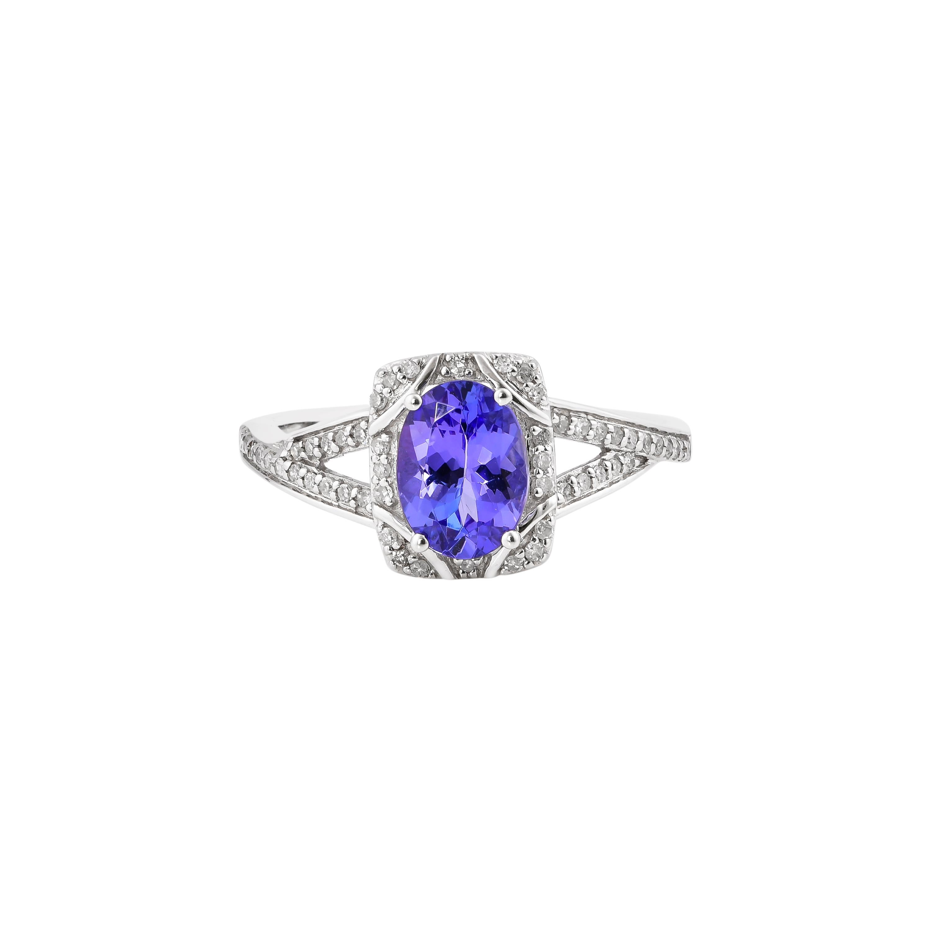 Contemporary 1.190 Carat Tanzanite Ring in 10 Karat White Gold with Diamond. For Sale