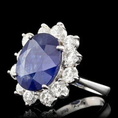 11.90 Carats Exquisite Natural Blue Sapphire and Diamond 14K Solid White Gold Ri