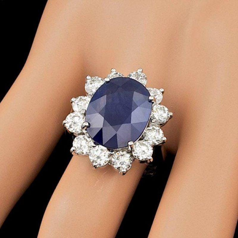 Mixed Cut 11.90 Carats Exquisite Natural Blue Sapphire and Diamond 14K Solid White Gold Ri For Sale