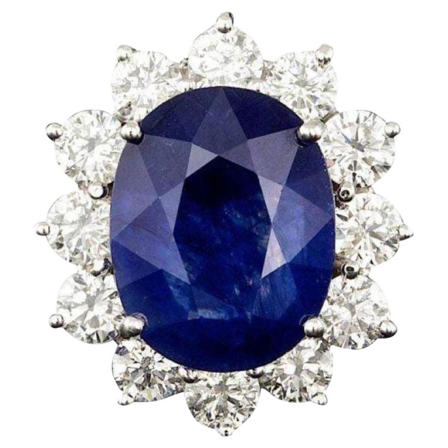 11.90 Carats Exquisite Natural Blue Sapphire and Diamond 14K Solid White Gold Ri