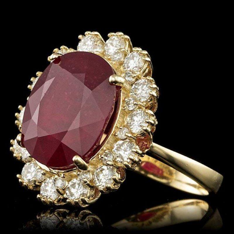 11.90 Carats Impressive Red Ruby and Natural Diamond 14K Yellow Gold Ring

Total Red Ruby Weight is: Approx. 10.70 Carats

Ruby Measures: Approx. 14.00 x 11.00mm

Ruby treatment: Fracture Filling

Natural Round Diamonds Weight: Approx. 1.20 Carats