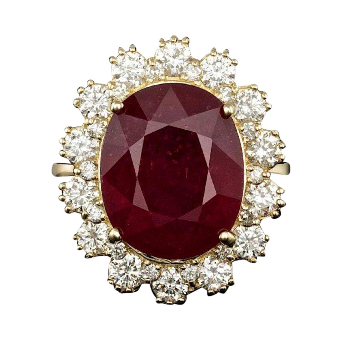 11.90 Carats Red Ruby and Natural Diamond 14k Solid Yellow Gold Ring For Sale