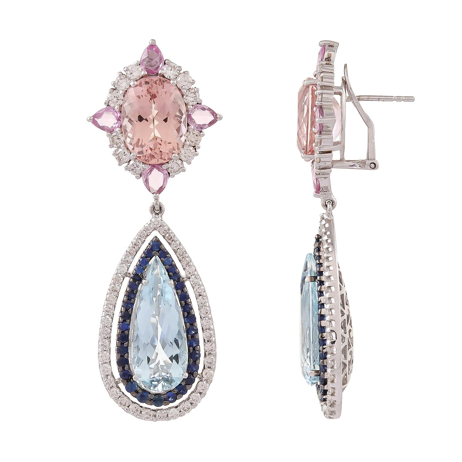 These stunning ear pendants are meant for the red carpet. Gorgeous 11.79ct morganites are mixed with generous size 11.91ct cut aquamarine teardrops. The Brazilian blues and the pink sapphire weighing approximately 1.62 carats and 2.09 carats