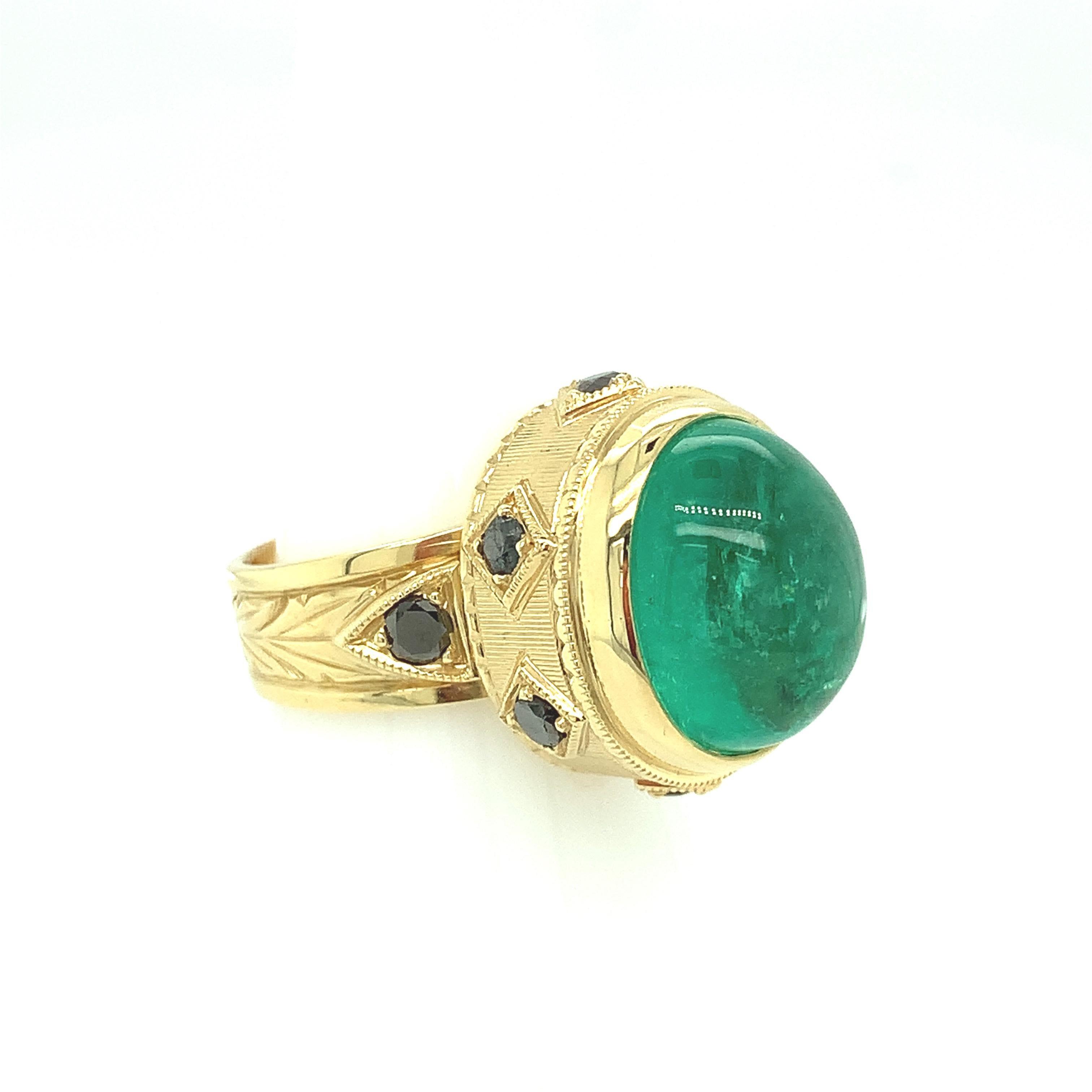 Artisan 11.91 Carat Emerald Cabochon, Black Diamond Yellow Gold Dome Engraved Bezel Ring