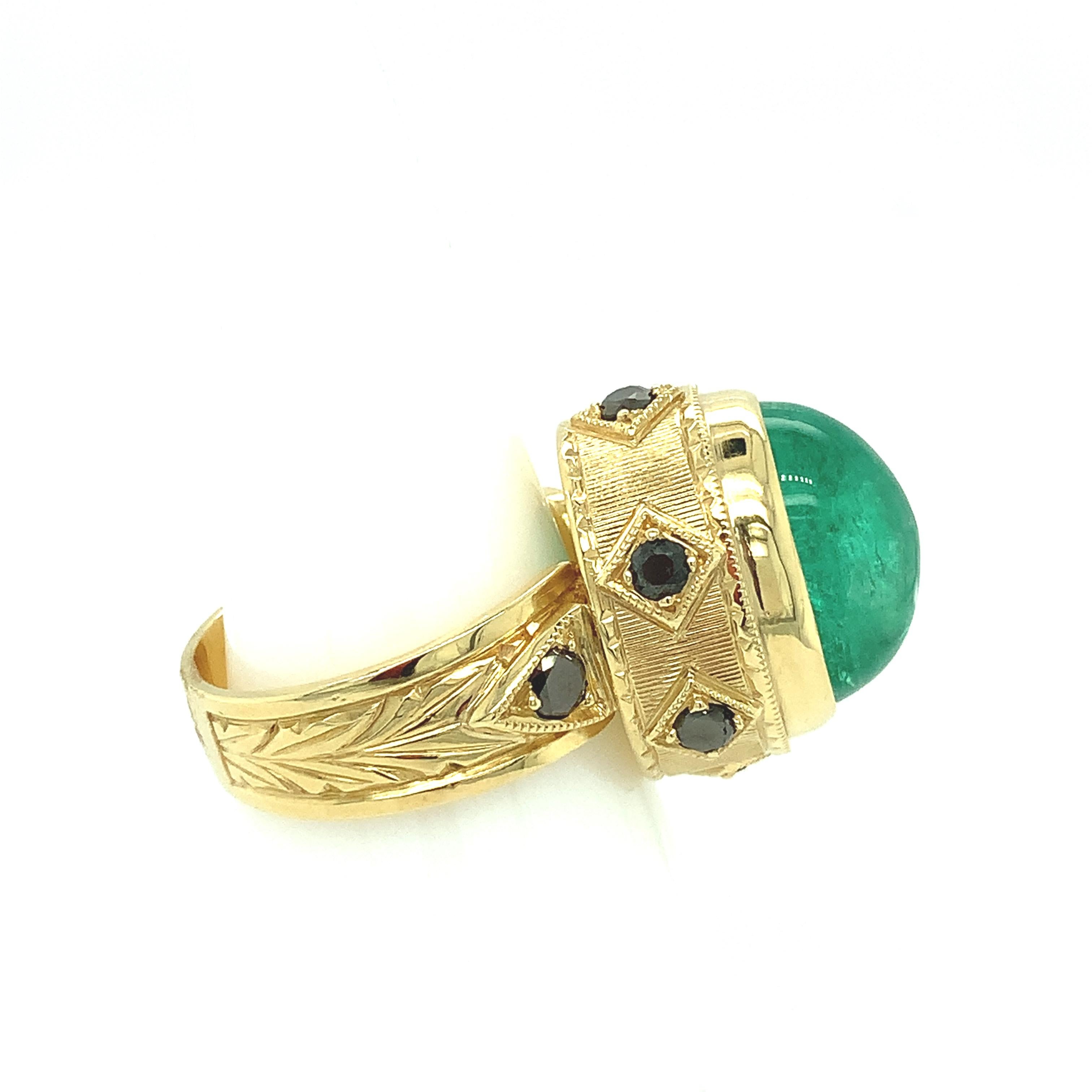 11.91 Carat Emerald Cabochon, Black Diamond Yellow Gold Dome Engraved Bezel Ring 1