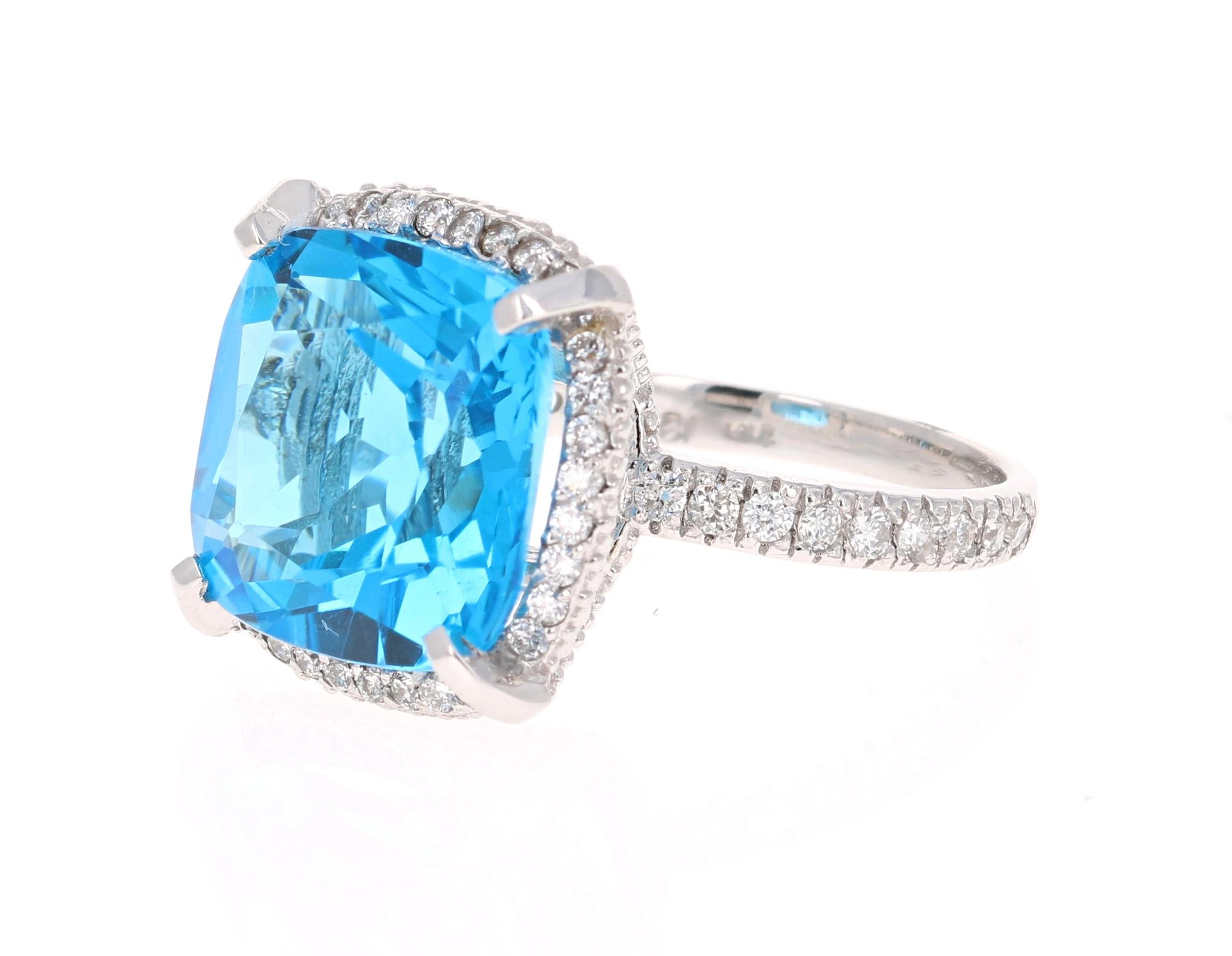 Modern 11.92 Carat Blue Topaz Diamond 14 Karat White Gold Ring