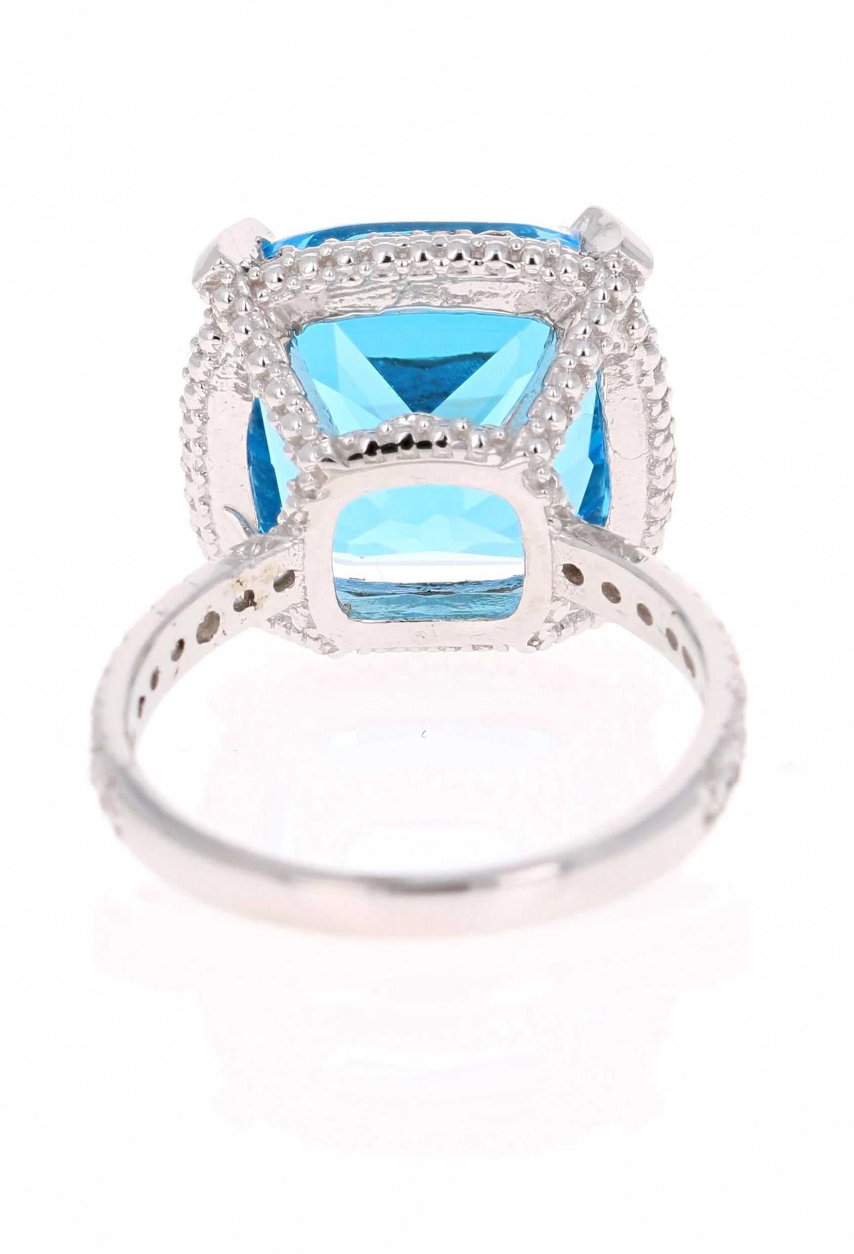 Cushion Cut 11.92 Carat Blue Topaz Diamond 14 Karat White Gold Ring