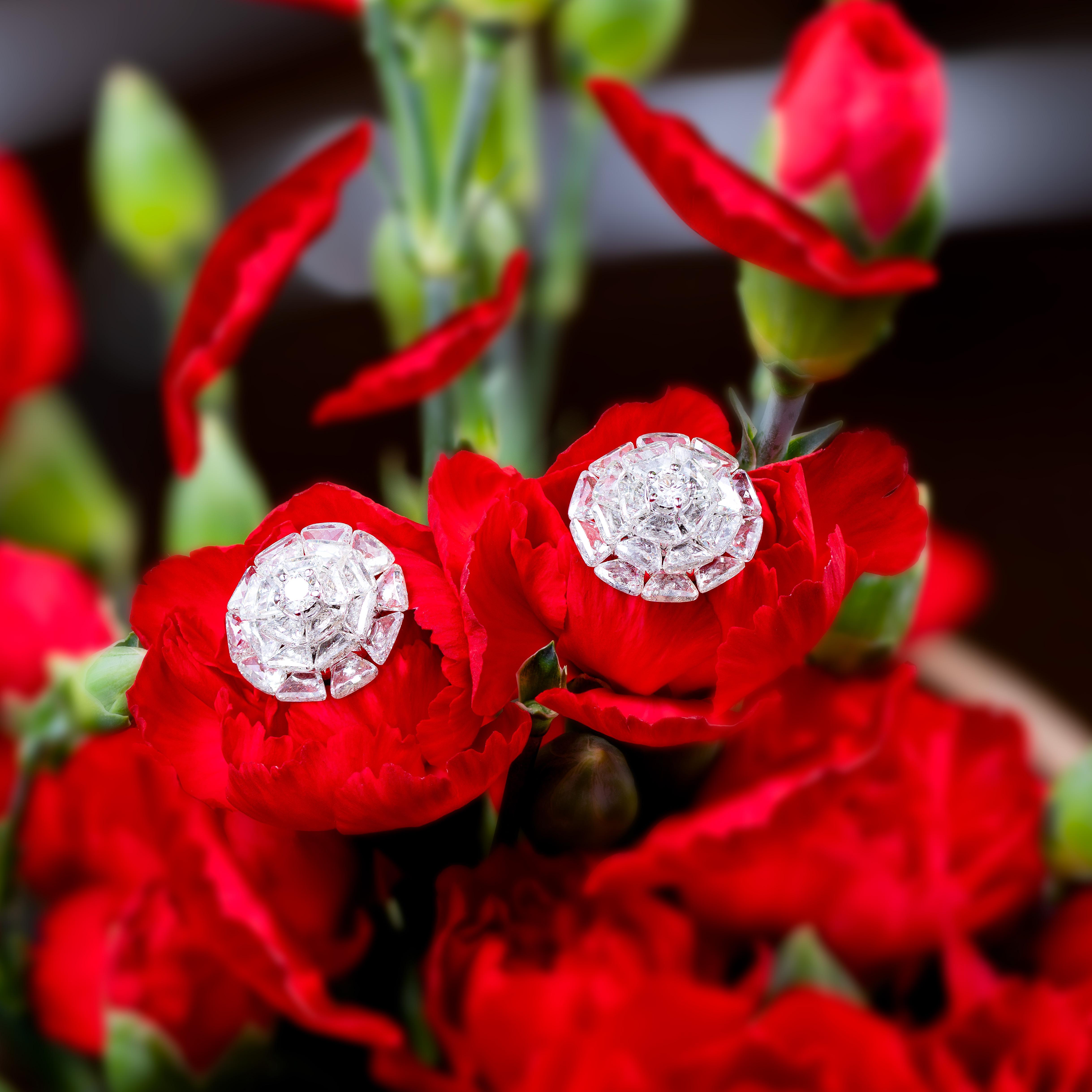 Round Cut 11.92 Carat Flower Floating Rosecut Diamond Stud Statement Earring For Sale