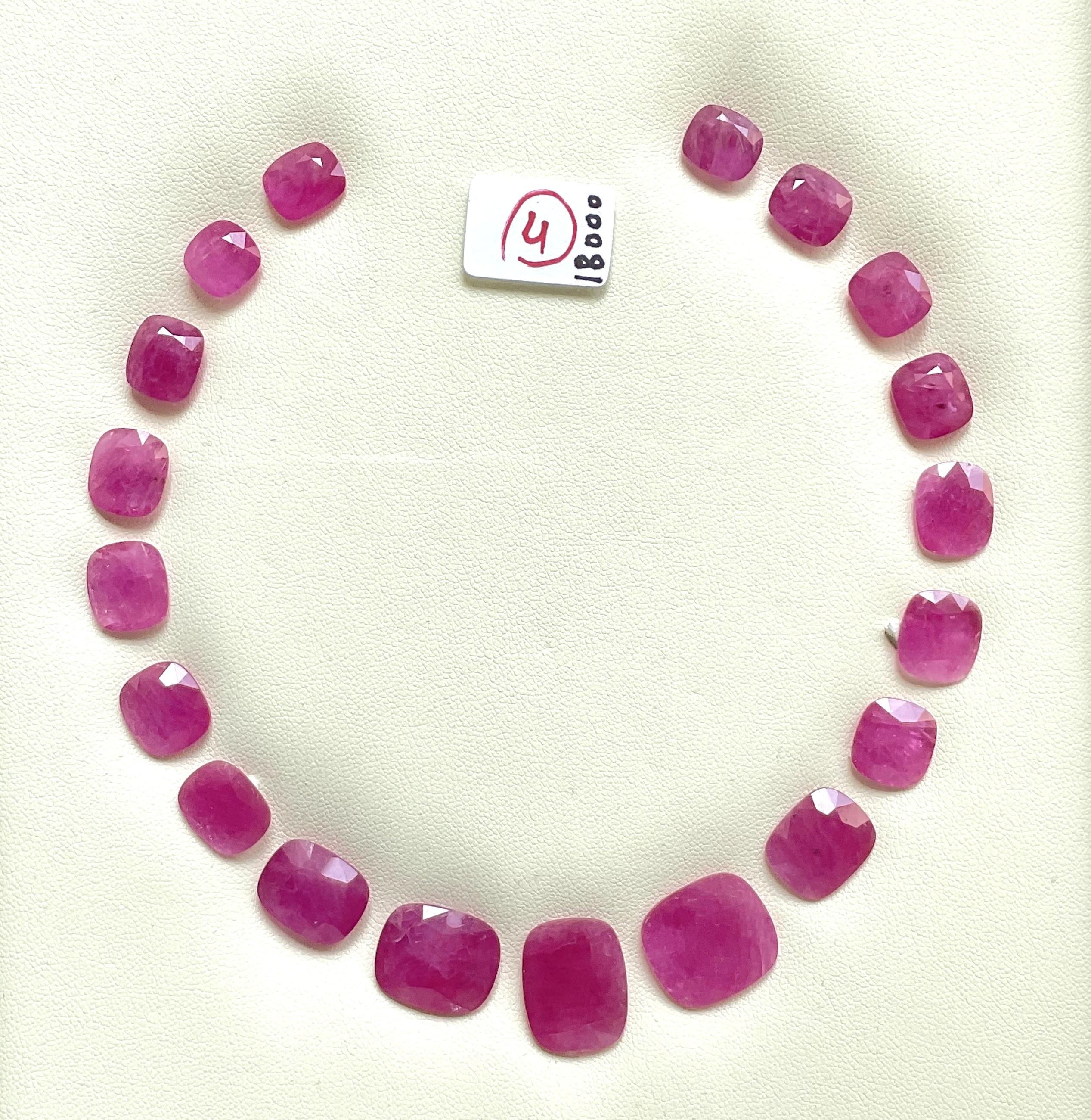 119.24 carats ruby Mozambique cut stone cushion layout heated natural gemstone

Weight: 119.24 Carats
Size: 8x9 to 17x13 MM
Shape: cushion cut
Pieces - 19
