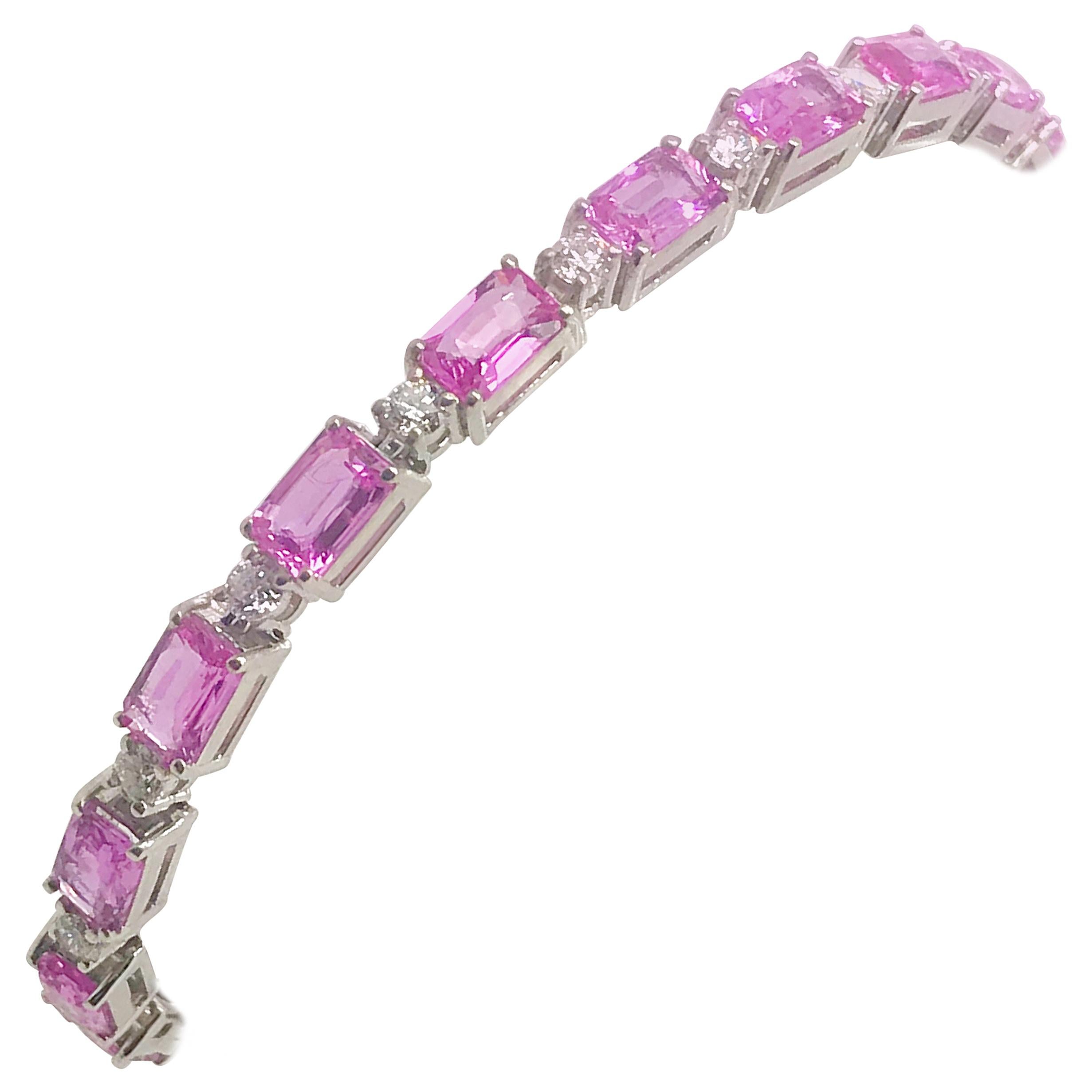 11.93 Carat Pink Sapphire and Diamond 14 Karat White Gold Tennis Bracelet For Sale
