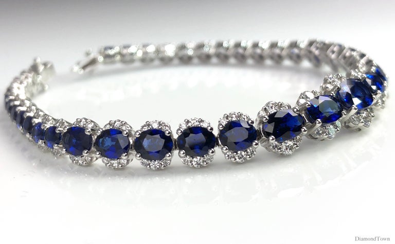 Oval Cut DiamondTown 11.93 Carat Vivid Blue Sapphire and Diamond Bracelet For Sale