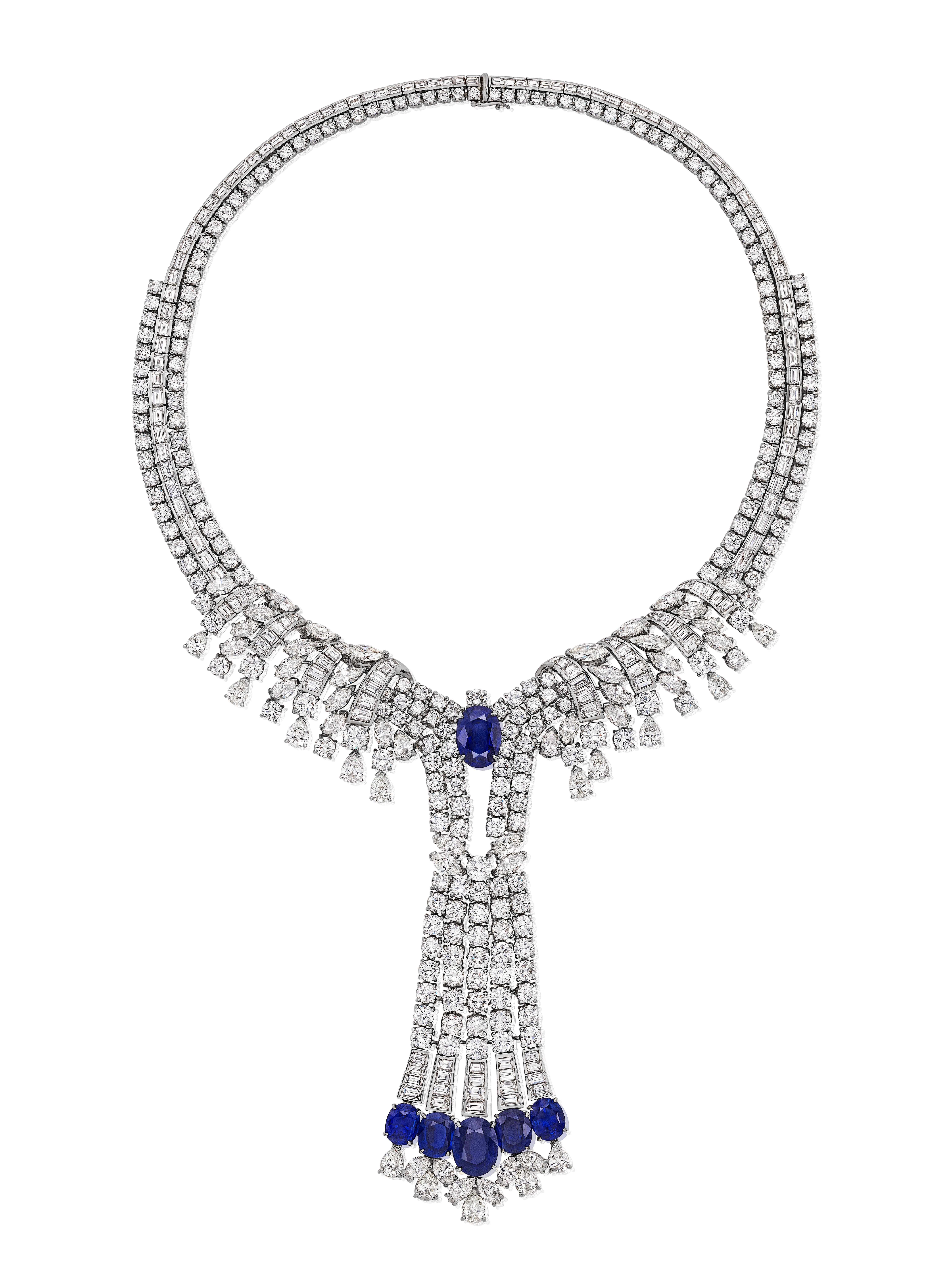 119,30 Karat insgesamt bedeutender Saphir & gemischter Schliff Diamant-Tropfen-Halskette