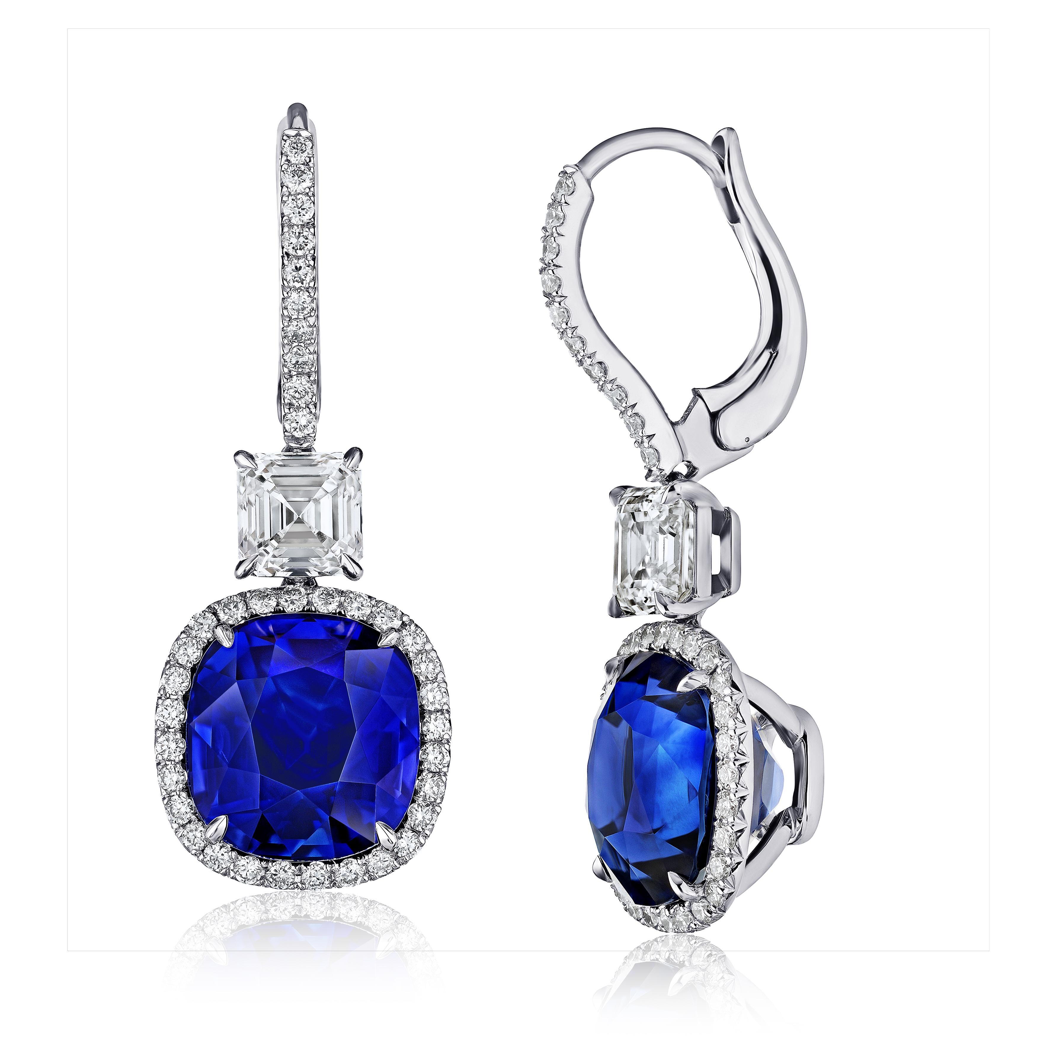 Blue Sapphire and Diamond Drop Earrings, with a total Sapphire weight of 11.94 carats and two asscher cut diamonds 1.50 carats (GIA E-F / VVS)  surrounded by  76 round brilliandt cut diamonds .68 carats  all platinum with lever backs
