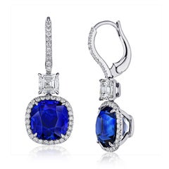11.94 Carat Blue Cushion Sapphire and Asscher Cut Diamond Platinum Earrings