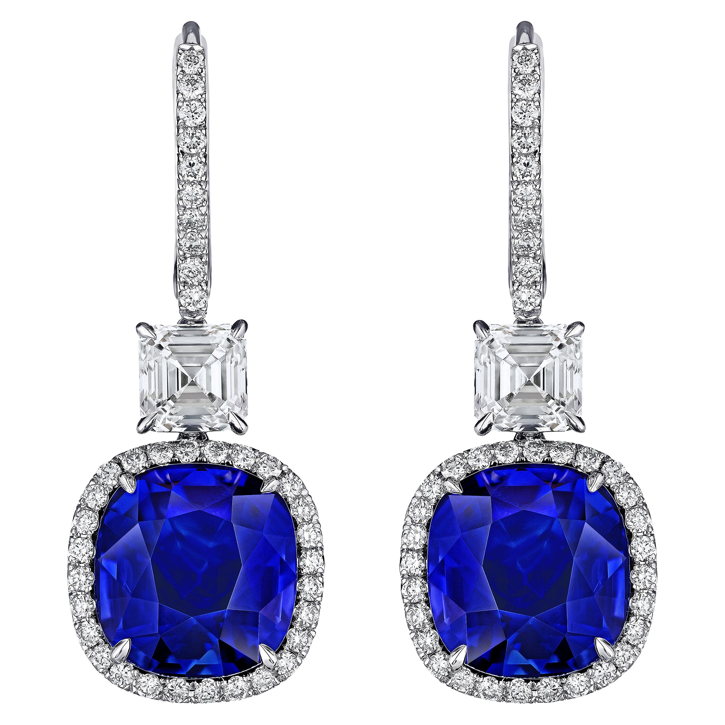 11.94 Carat Blue Cushion Sapphire and Asscher Cut Diamond Platinum Earrings