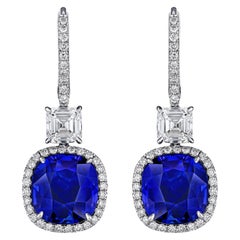 11.94 Carat Blue Cushion Sapphire and Asscher Cut Diamond Platinum Earrings