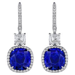 11.94 Carat Blue Cushion Sapphire and Asscher Cut Diamond Platinum Earrings