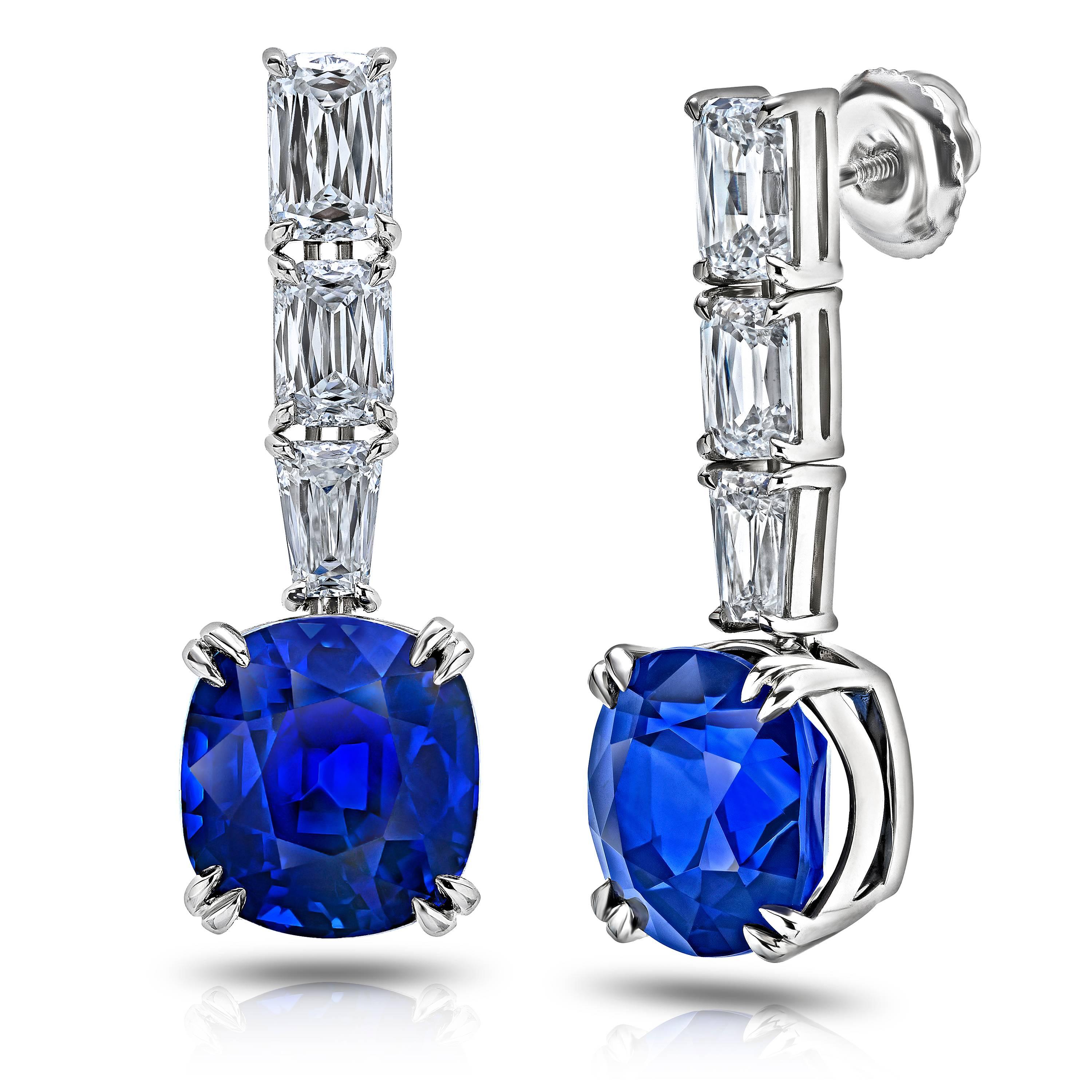 Blue Sapphire and Diamond Drop Earrings, with a total Sapphire weight of 11.94 carats and 2.45 carats of Diamonds set on platinum screw backs
