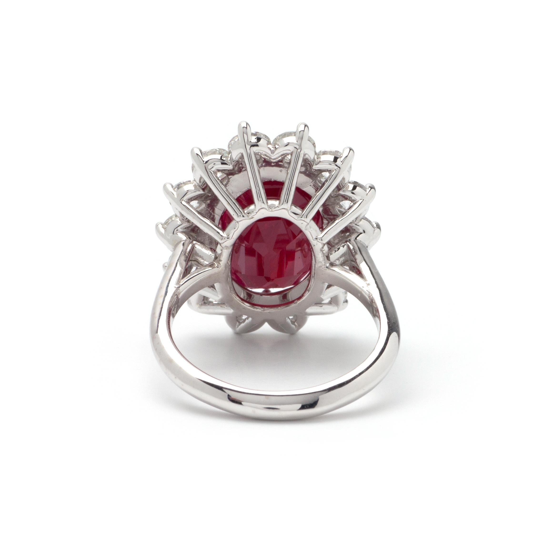Modern 11.94ct Ruby Halo Ring in 14K White Gold, 2.69ct Side Diamonds For Sale