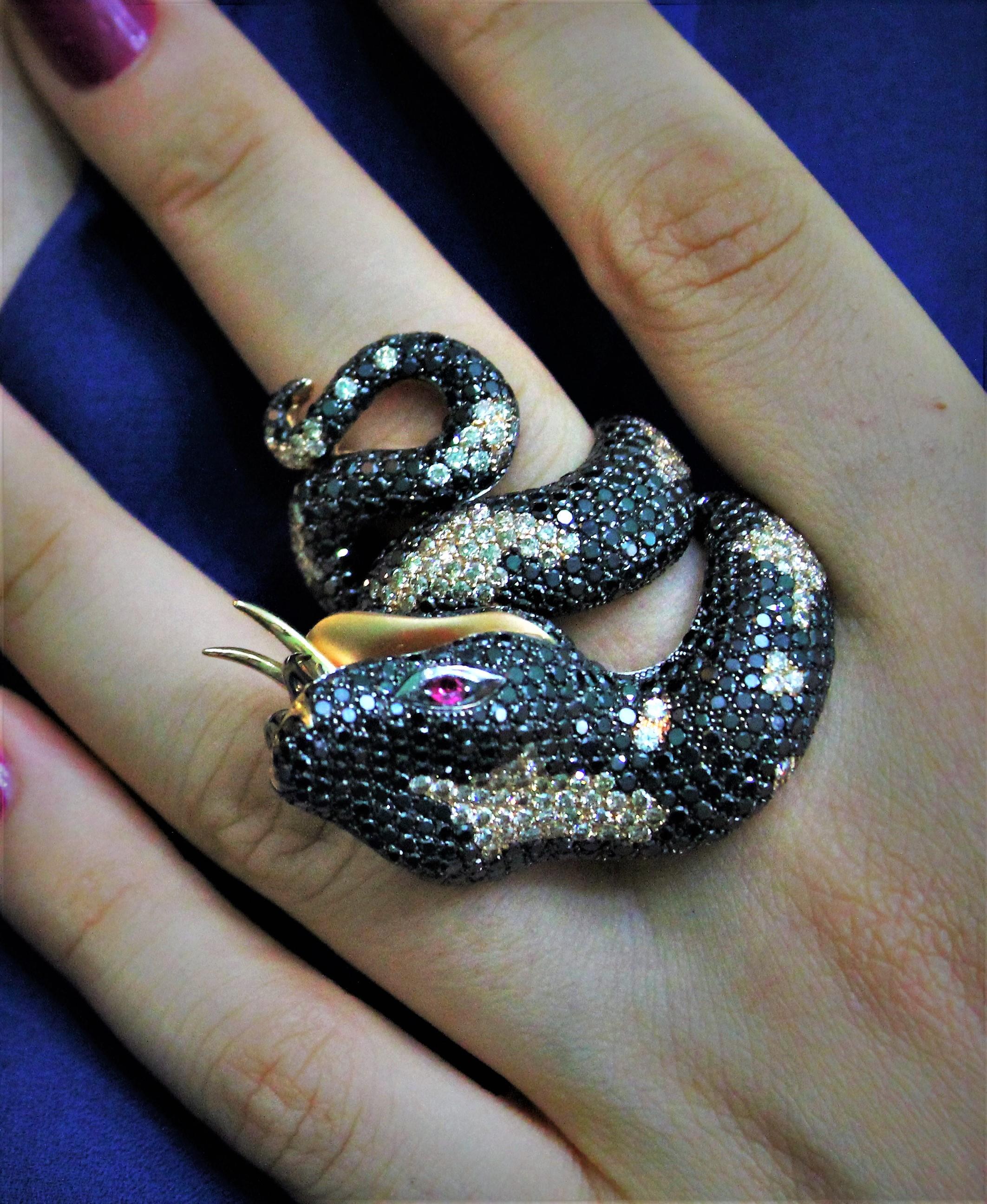 11.95 Carat Black Diamonds 2.44 Brown Diamonds 18 Karat Gold Snake Fashion Ring For Sale 13