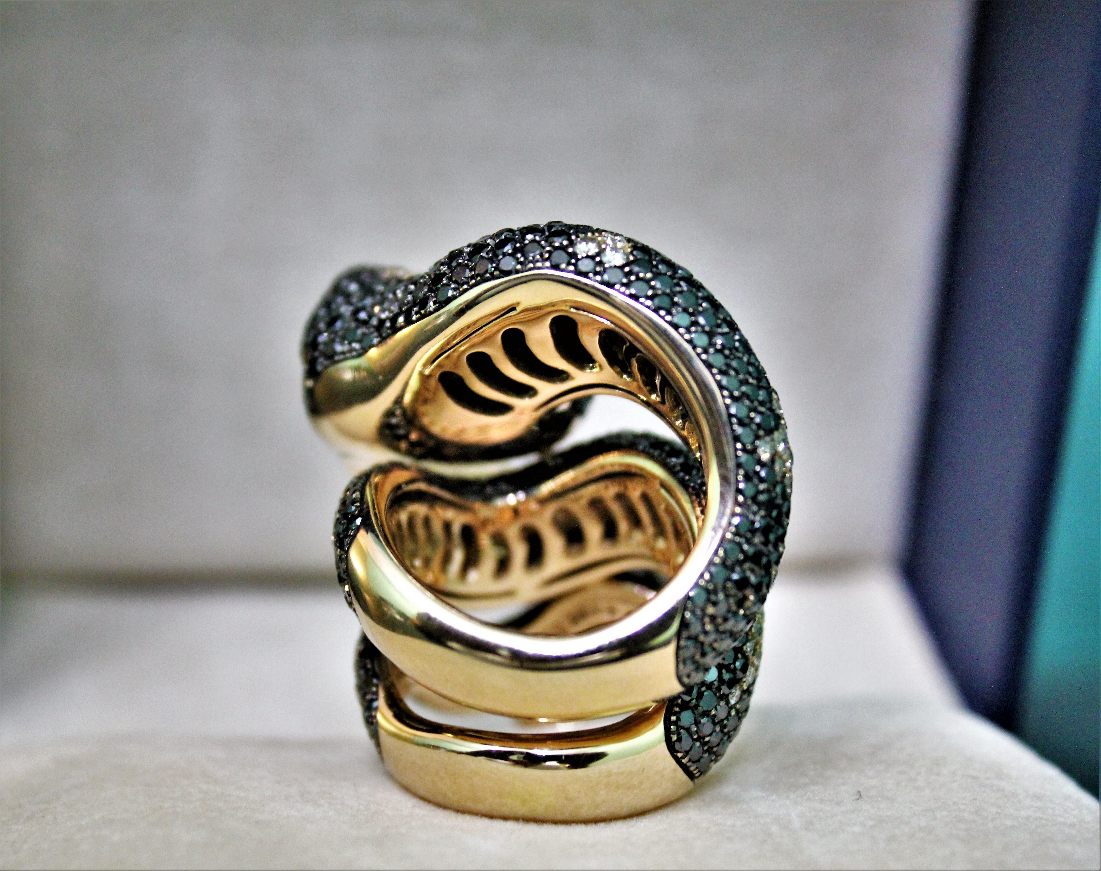 11.95 Carat Black Diamonds 2.44 Brown Diamonds 18 Karat Gold Snake Fashion Ring For Sale 1