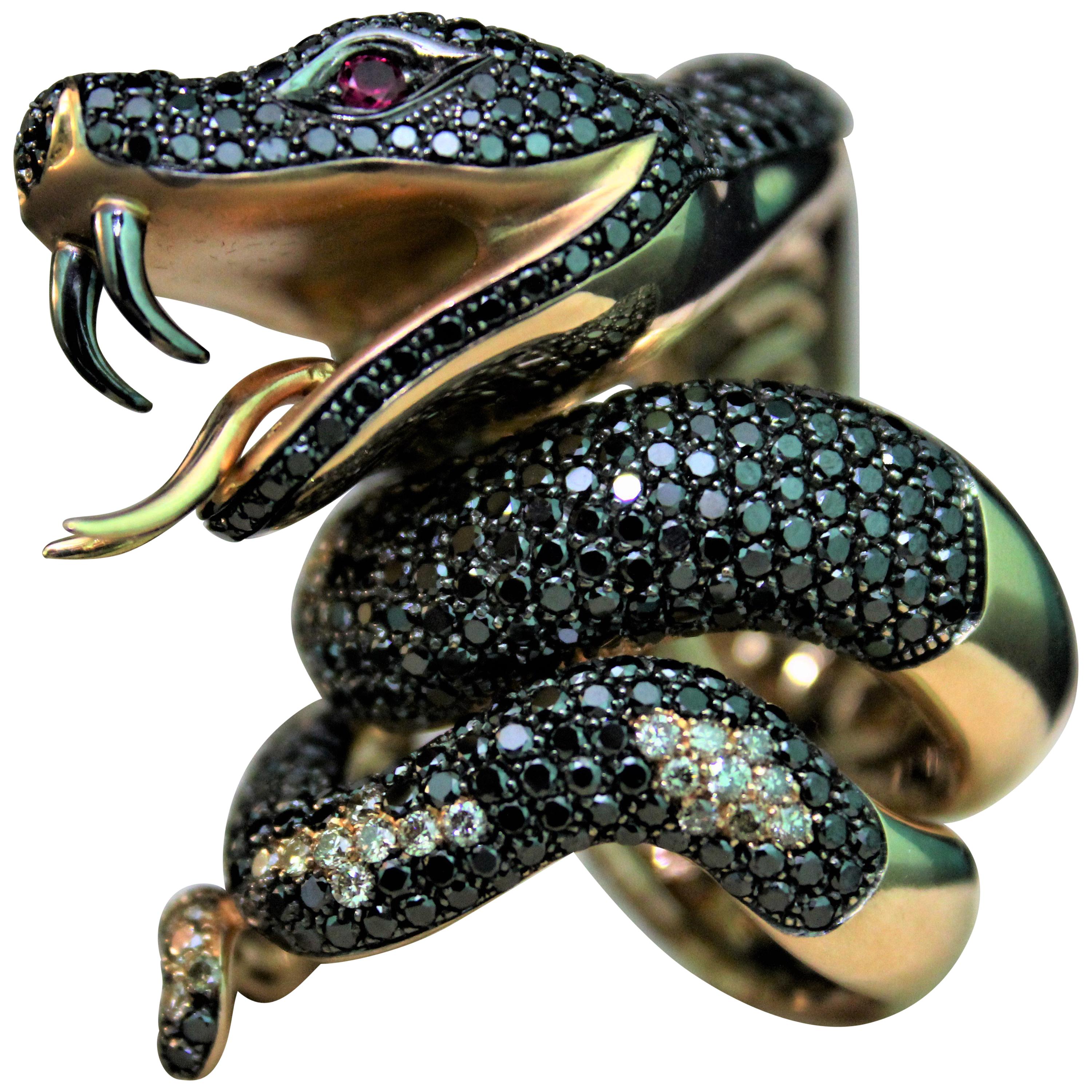 11.95 Carat Black Diamonds 2.44 Brown Diamonds 18 Karat Gold Snake Fashion Ring For Sale