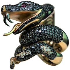 11.95 Carat Black Diamonds 2.44 Brown Diamonds 18 Karat Gold Snake Fashion Ring