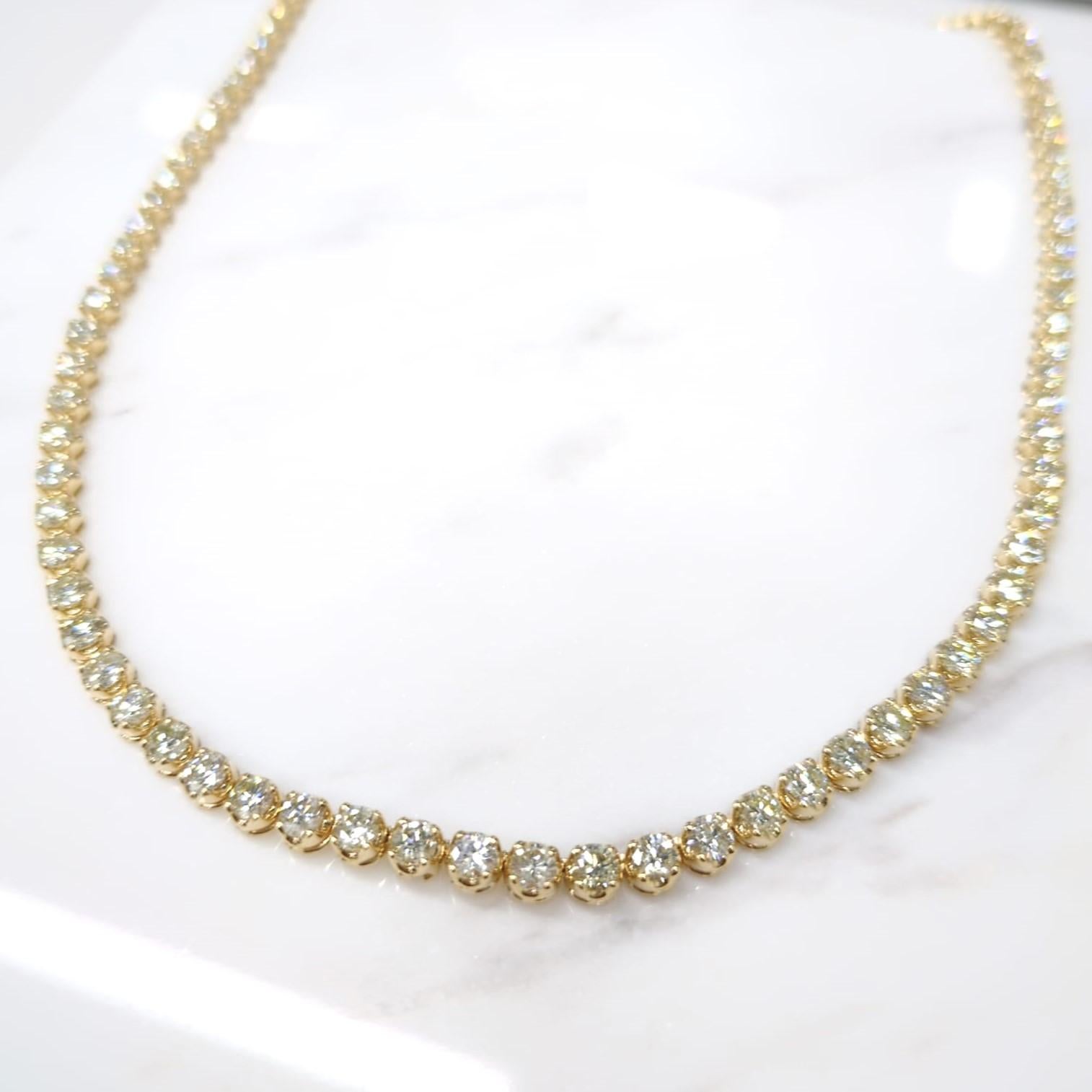 11.95 Carat Round Diamond Tennis Necklace in 18K Yellow Gold For Sale 8