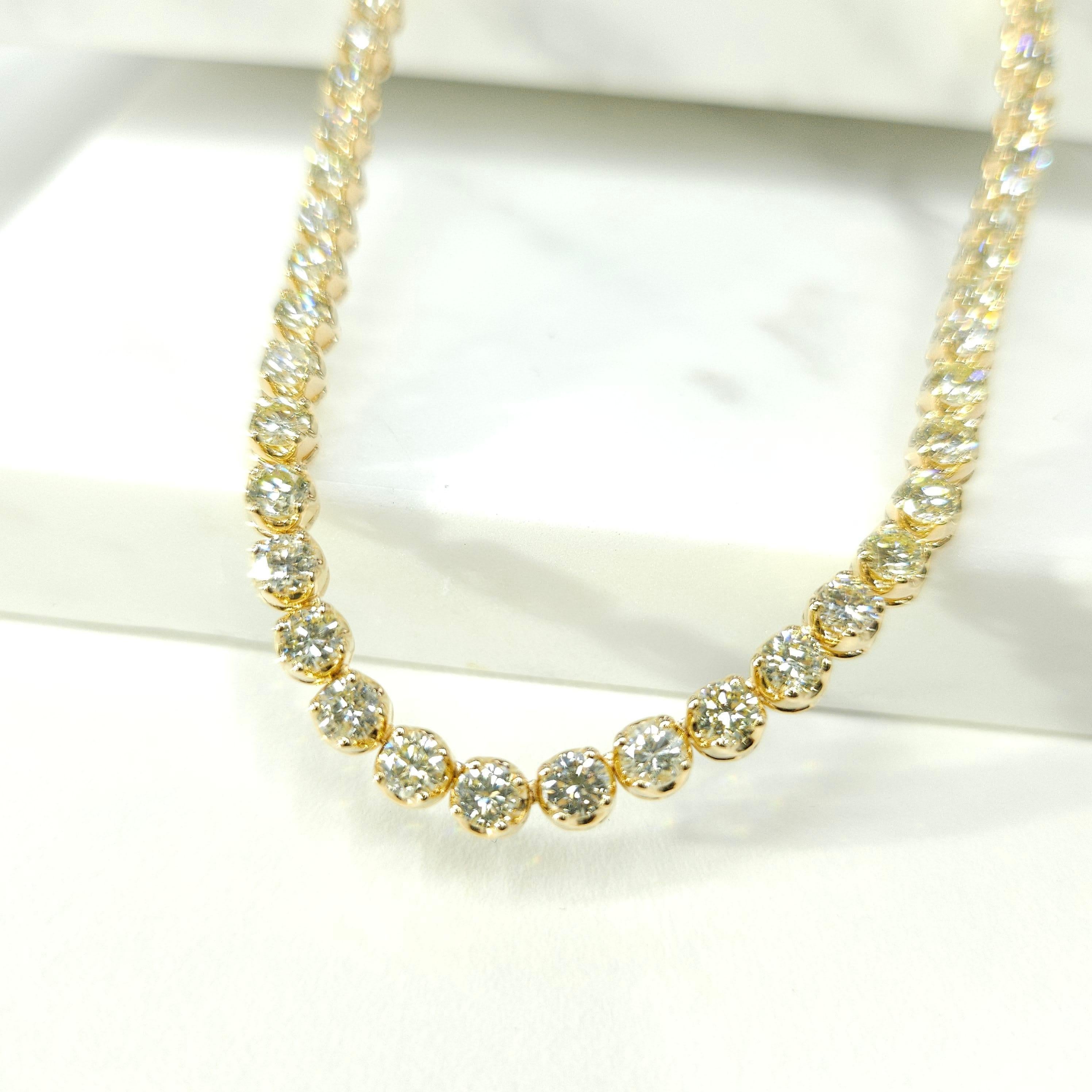 Round Cut 11.95 Carat Round Diamond Tennis Necklace in 18K Yellow Gold For Sale