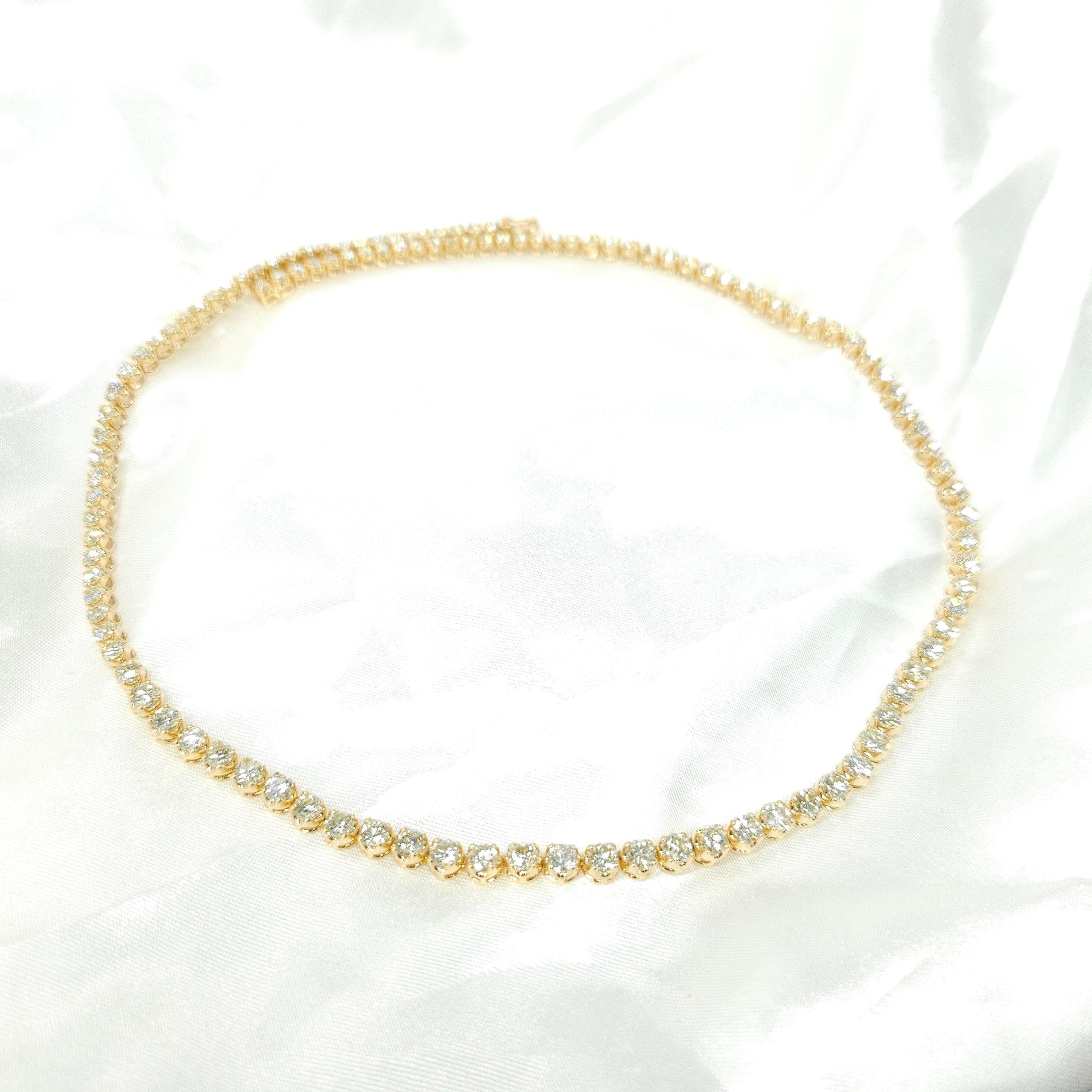 Women's or Men's 11.95 Carat Round Diamond Tennis Necklace in 18K Yellow Gold For Sale