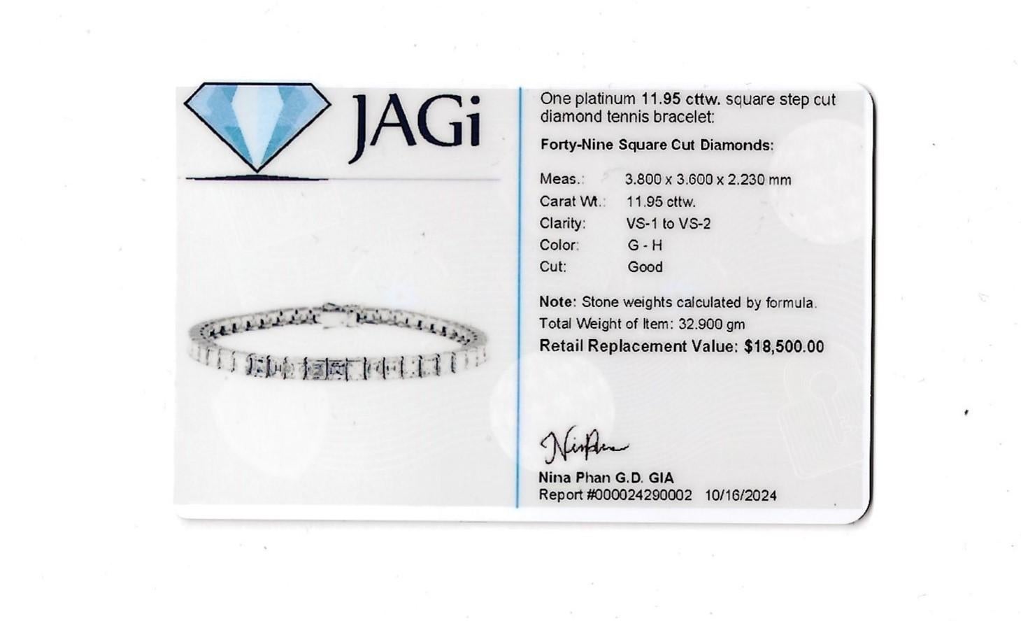 11.95 Carat Total Square Step Cut Diamond Tennis Bracelet in Polished Platinum For Sale 10