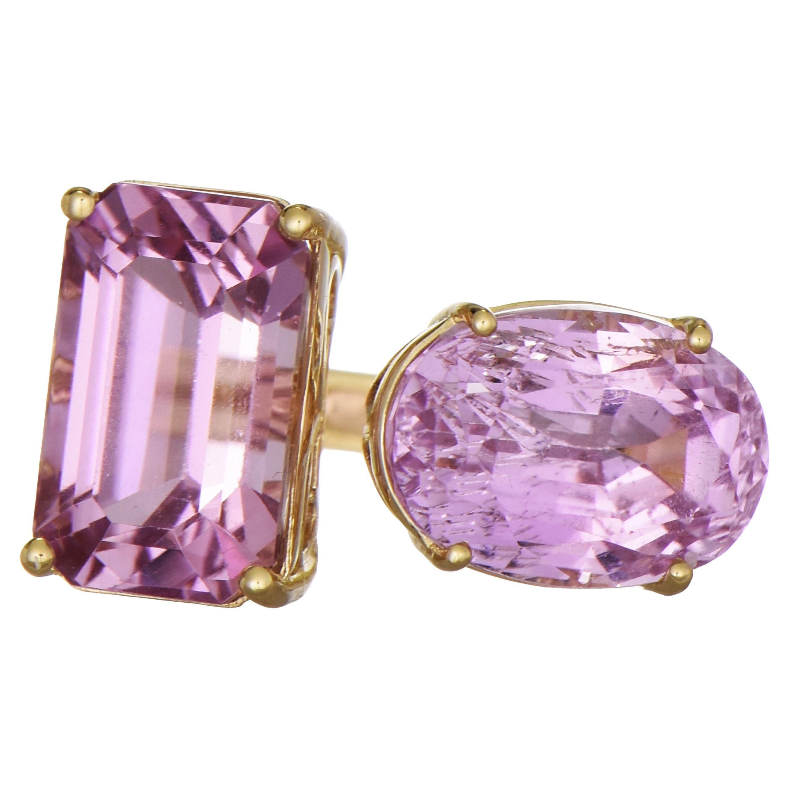 11.96 Carats Kunzite Yellow Gold Dual-Stone Cocktail Ring