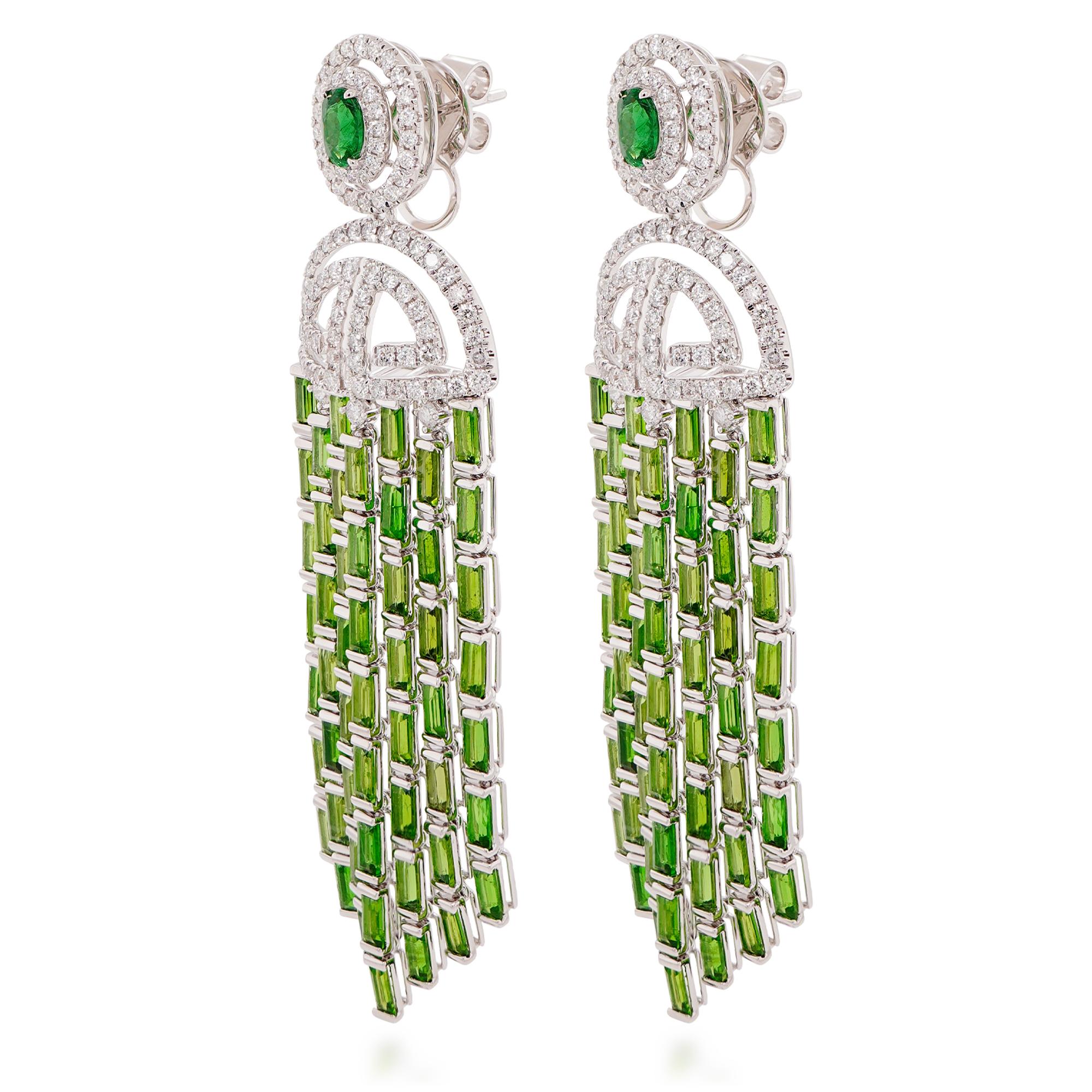Emerald Cut 11.96 Carats Shimmering Dangling Tsavorite & 1.74 Carats White Diamond Earring For Sale