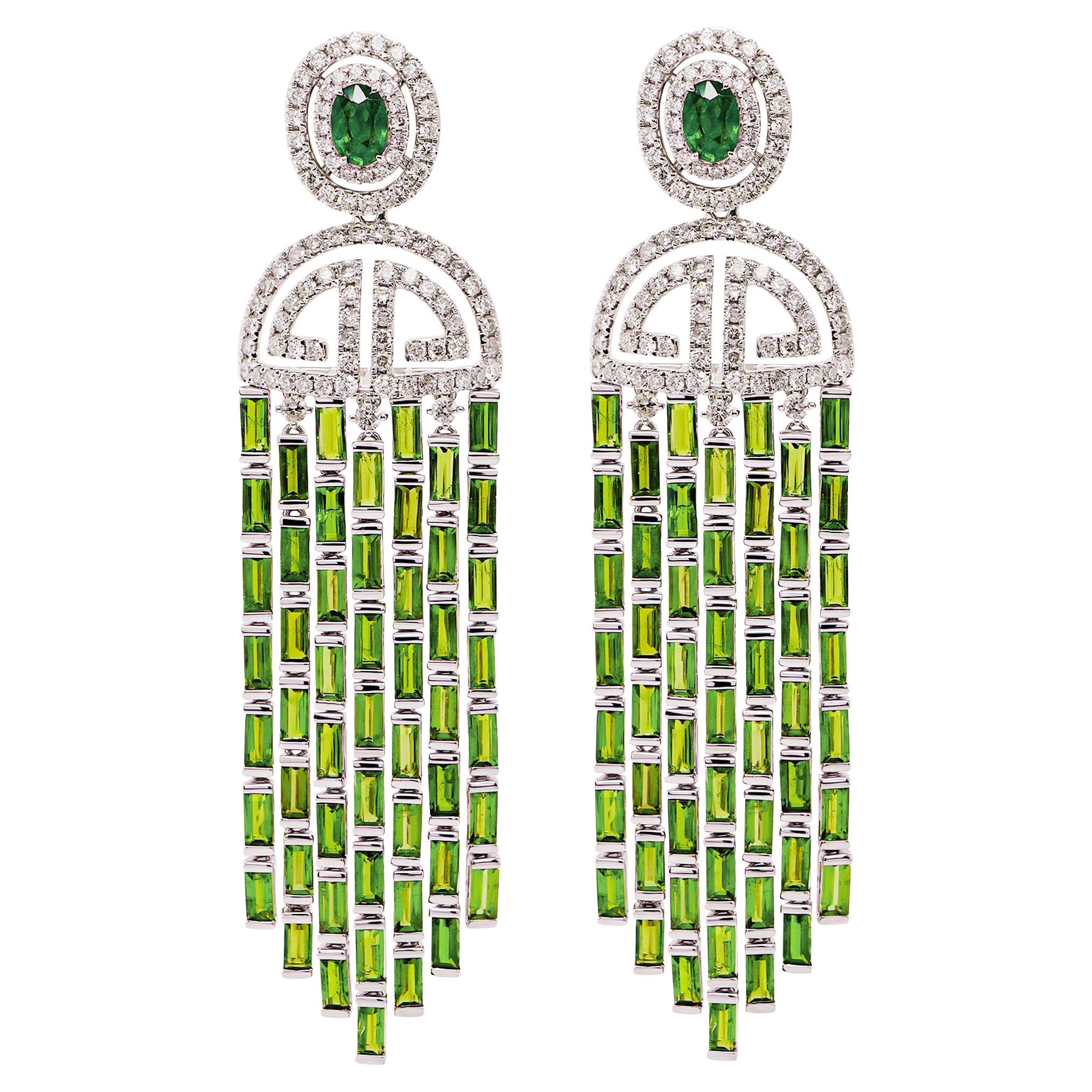 11.96 Carats Shimmering Dangling Tsavorite & 1.74 Carats White Diamond Earring