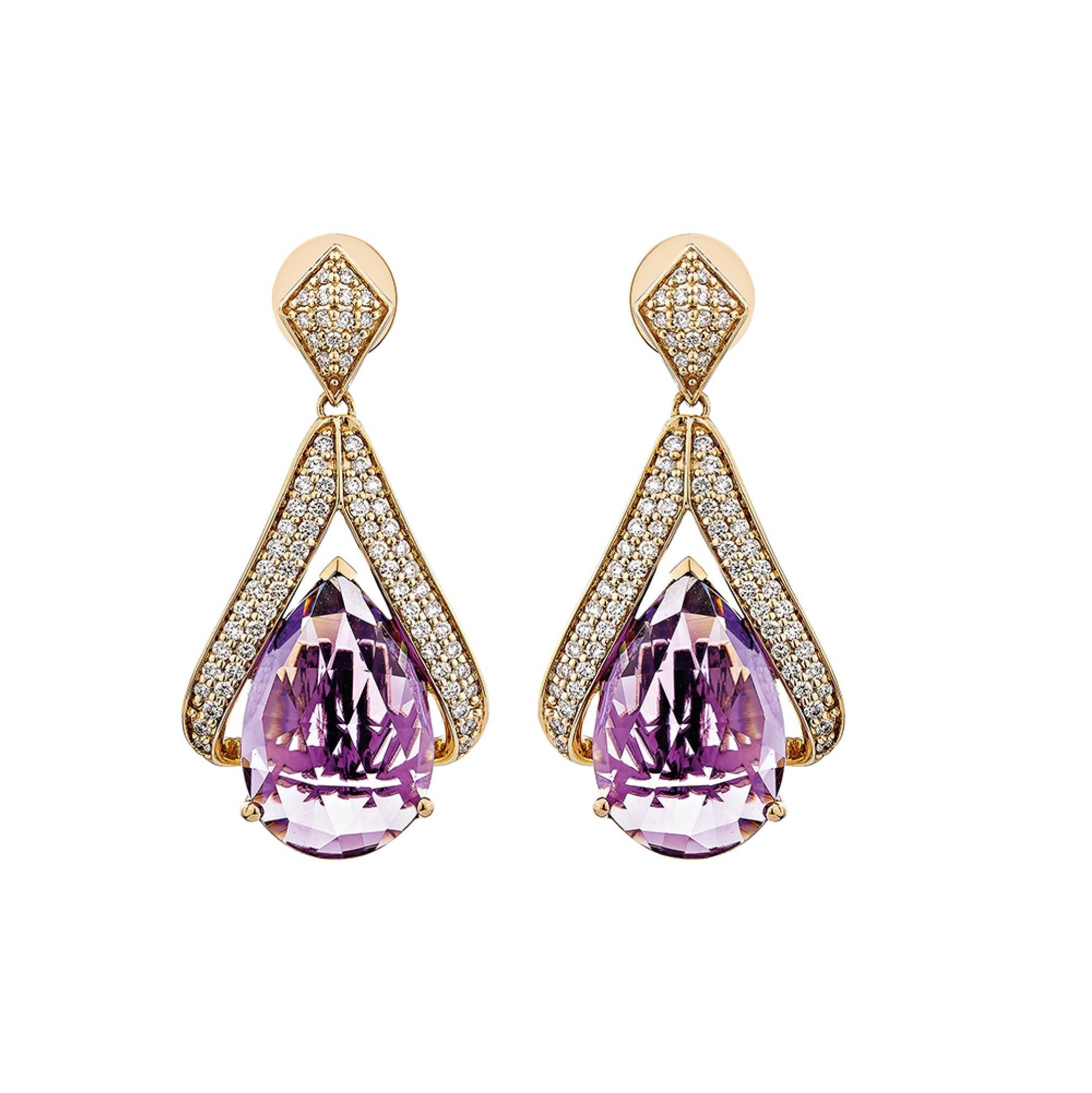 Contemporary 11.968 Carat Amethyst Drop Earring in 18Karat Rose Gold with White Diamond. For Sale