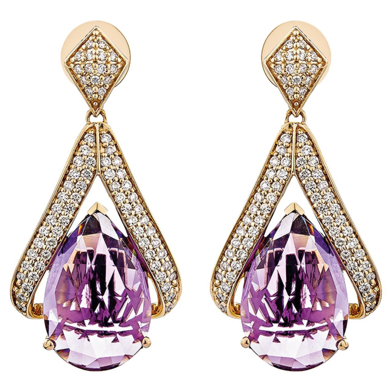 Boucles d'oreilles pendantes en or rose 18 carats avec améthyste de 11,968 carats et diamants blancs