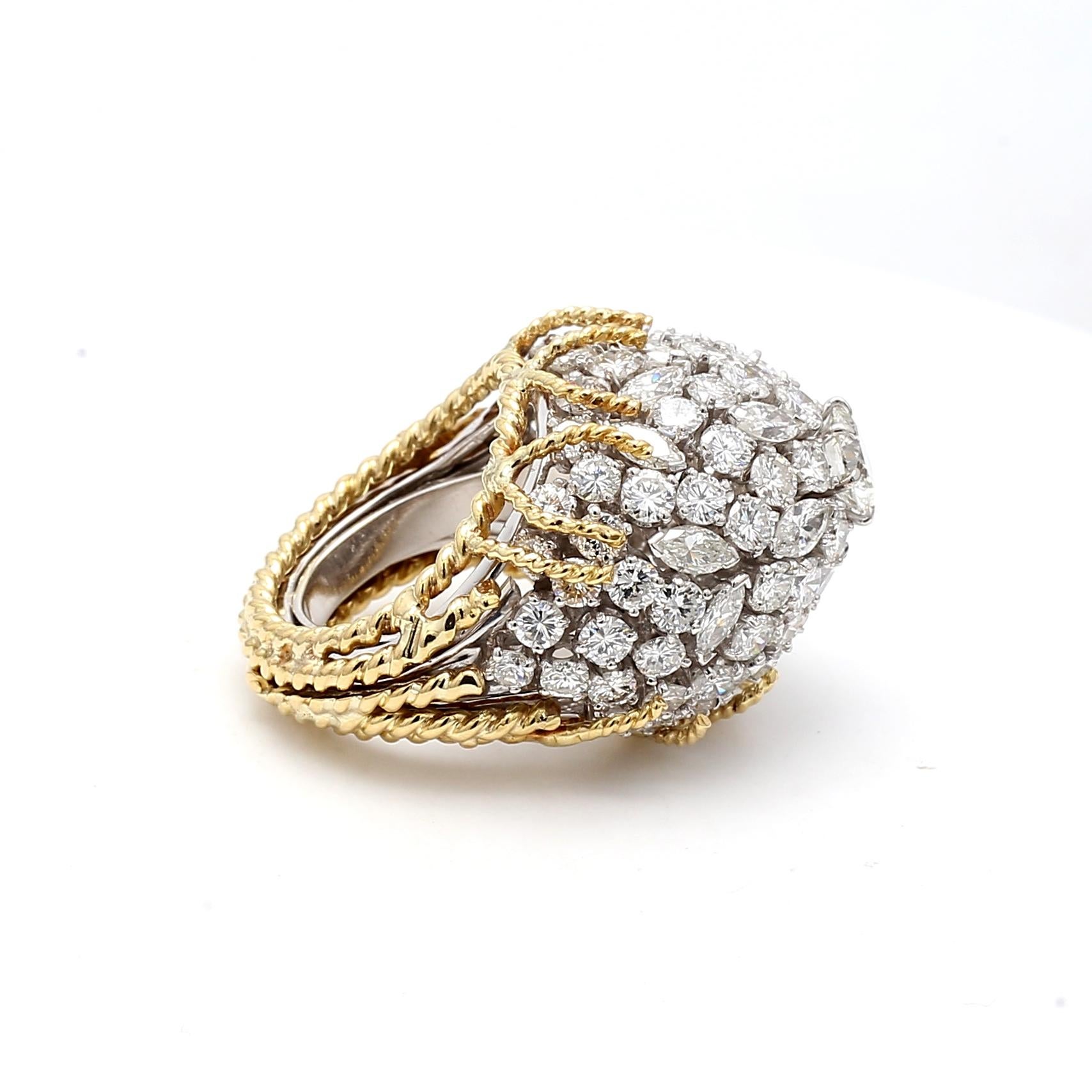 Bague grappe en or bicolore 18 carats avec diamants de forme ronde et marquise de 11,97 carats Bon état - En vente à New York, NY