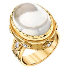 11.97 Carat Moonstone Cabochon Diamond, Yellow Gold Bezel Engraved Cocktail Ring