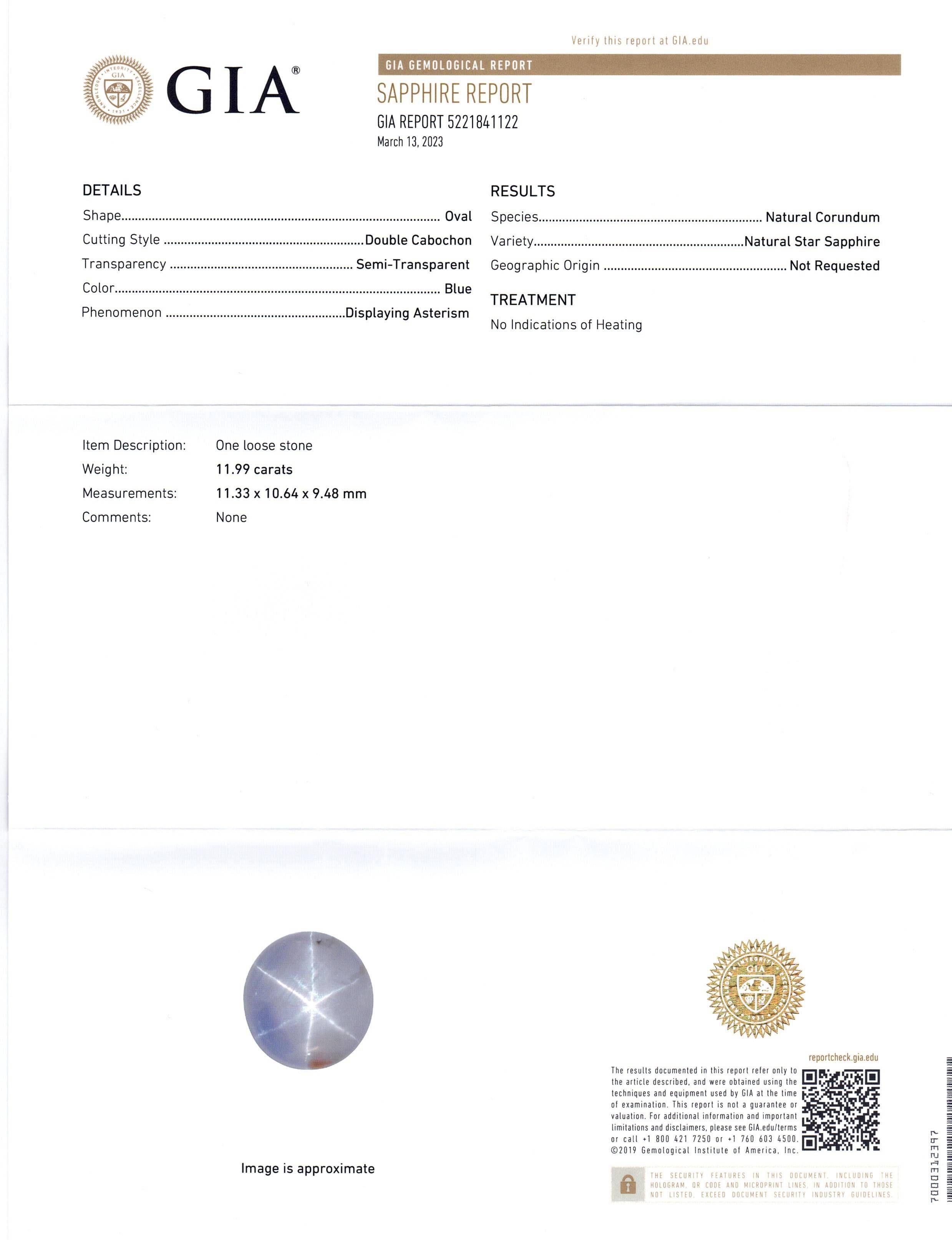 11.99ct Oval Cabochon Blue Star Sapphire GIA Certified    In New Condition For Sale In Toronto, Ontario
