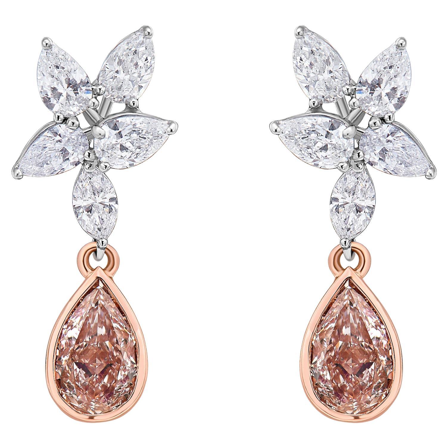 3.91ct GIA Pink Pear Diamond Drop Earrings For Sale