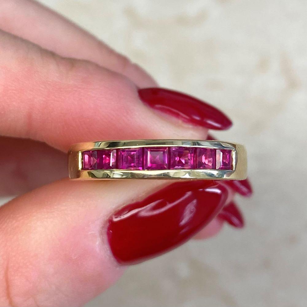1.19ct Calibre Cut Natural Ruby Band Ring, 14k Yellow Gold For Sale 4