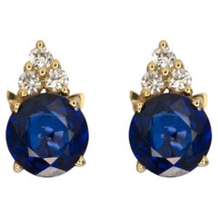 1.19ct Ceylon Blue Sapphire Stud Earrings with Natural Diamonds: Solid 14K Gold